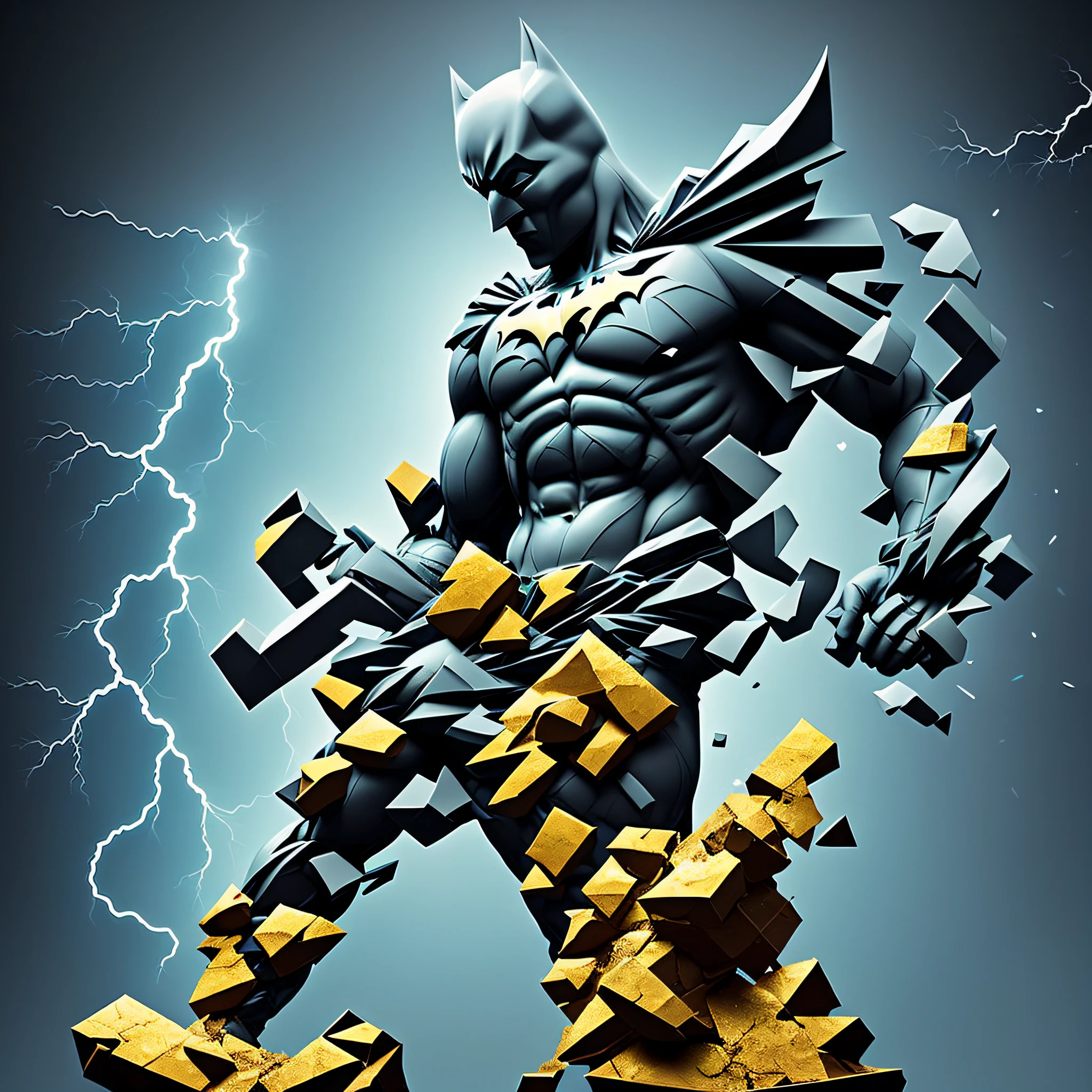 mdjrny-shttr, broken statue of batman made of (marble:1.1) with golden inlays with (blue lightnings:1.3) on background, hyper-realism, best quality hyper-realism, best quality