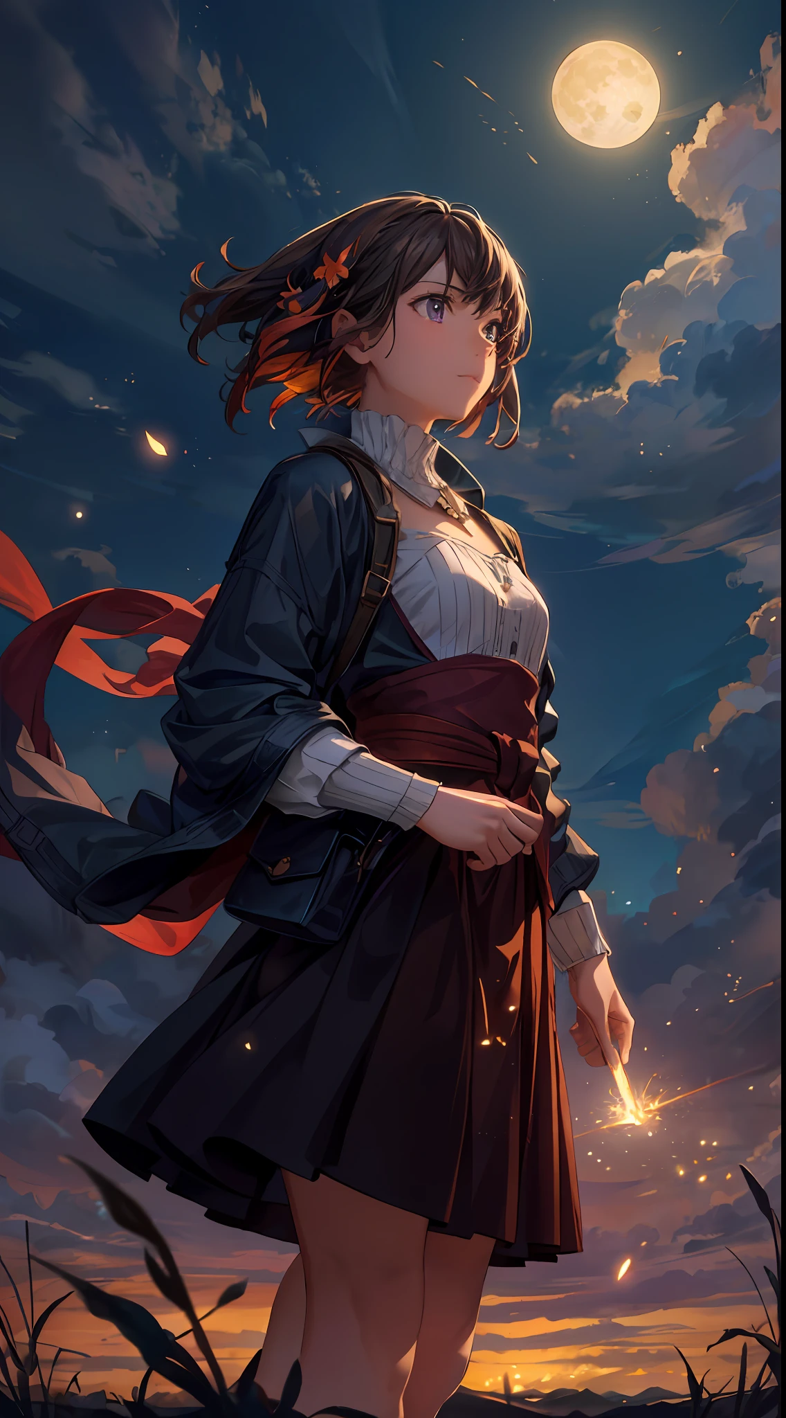 A wide landscape photo, (viewed from below, the sky is above, and the open field is below), a girl standing on a flower field looking up, (full moon: 1.2), (meteor: 0.9), (nebula: 1.3), distant mountains , Trees BREAK Crafting Art, (Warm Light: 1.2), (Firefly: 1.2), Lights, Lots of Purple and Orange, Intricate Details, Volumetric Lighting BREAK (Masterpiece: 1.2), (Best Quality), 4k, Ultra Detailed, (Dynamic Composition: 1.4), Rich in Detail and Color, (Rainbow Color: 1.2), (Glow, Atmospheric Lighting), Dreamy, Magical, (Solo: 1.2)