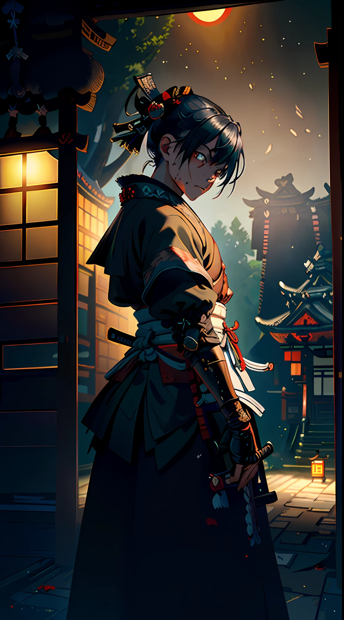 (scenery, oblique angle, dutch angle:1.2), masterpiece, best quality, raw photo, absurdres, dusty, fullmoon, (black shadow of samurai, blood stains:1.5), night, darkness, japanese temple, deserted house, perspective, depth of field, dynamic lighting, cinematic lighting, sharp focus, photorealistic, highres, film grain, chromatic aberration, (highest detailed, extreme detailed, ultra detailed, finely detail:1.2)