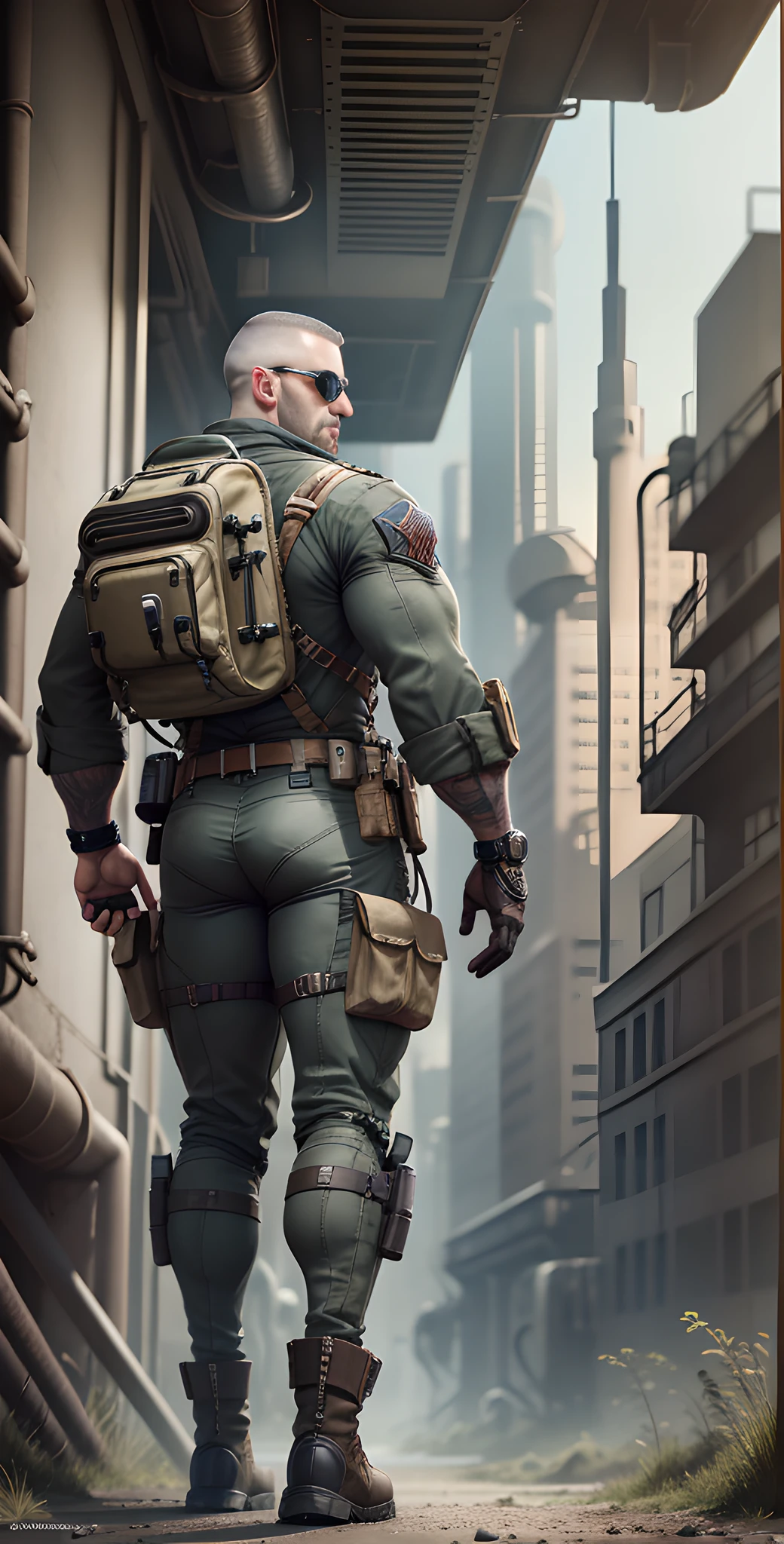 Male in the Heath, tall and burly, camouflage tights, big muscles, big bulge, Buzz cut, black sunglasses, brown camouflage military boots, buzz cut, steampunk style, steampunk art, complex mechanical devices such as gears, pipes, valves, (huge industrial building: 1.4), gray theme, retro futurism, crazy details, (Fujiflim XT3), 20 megapixels, detailed, cinematic particles,