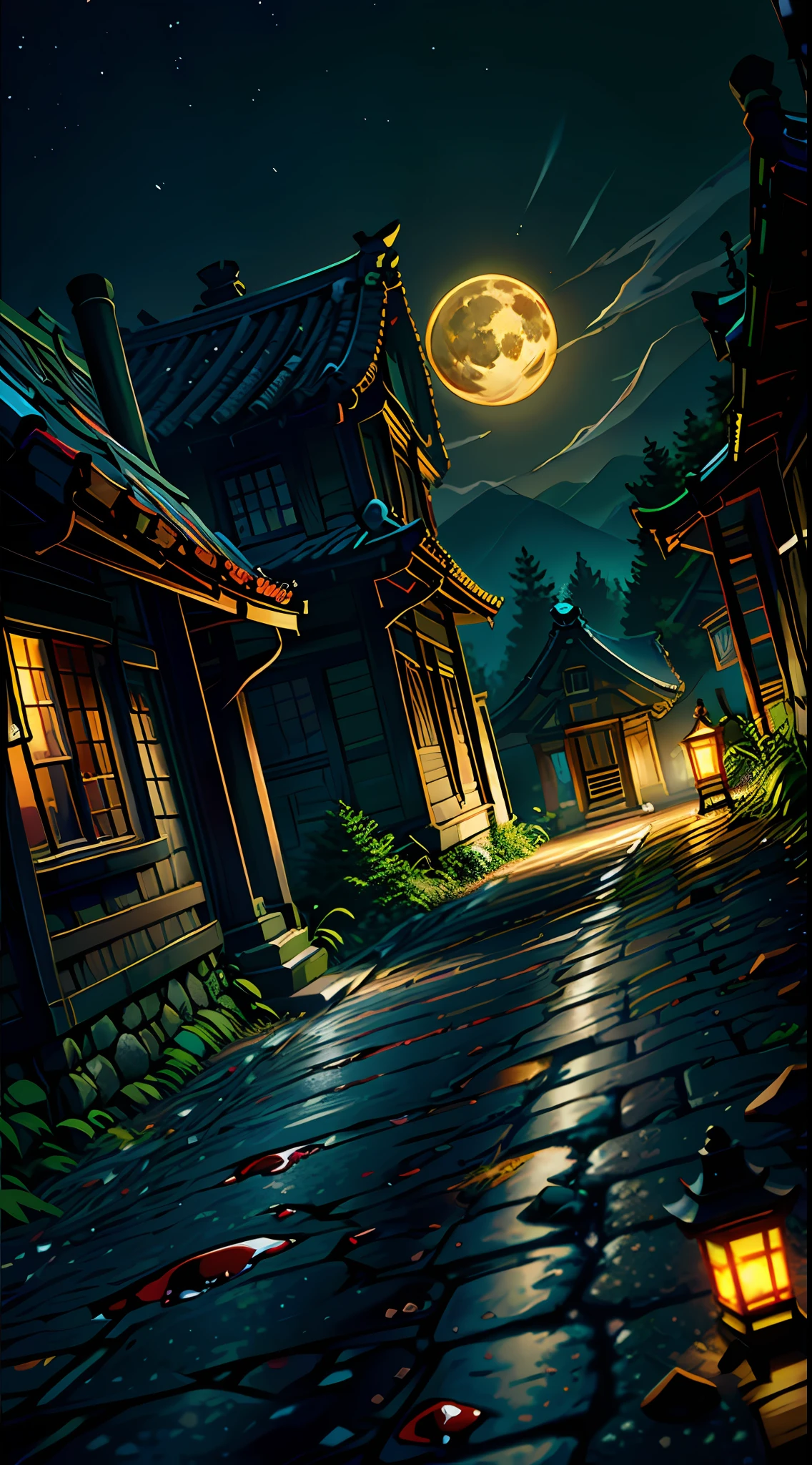 cobblestone road, (scenery, oblique angle, dutch angle:1.3), masterpiece, best quality, raw photo, absurdres, dusty, fullmoon, (blood stains:1.5), black shadow of samurai, night, darkness, japanese temple, deserted house, (perspective, depth of field:1.2), (dynamic lighting, cinematic lighting, dark background:0.6), sharp focus, photorealistic, highres, film grain, chromatic aberration, (highest detailed, extreme detailed, ultra detailed, finely detail:1.2)