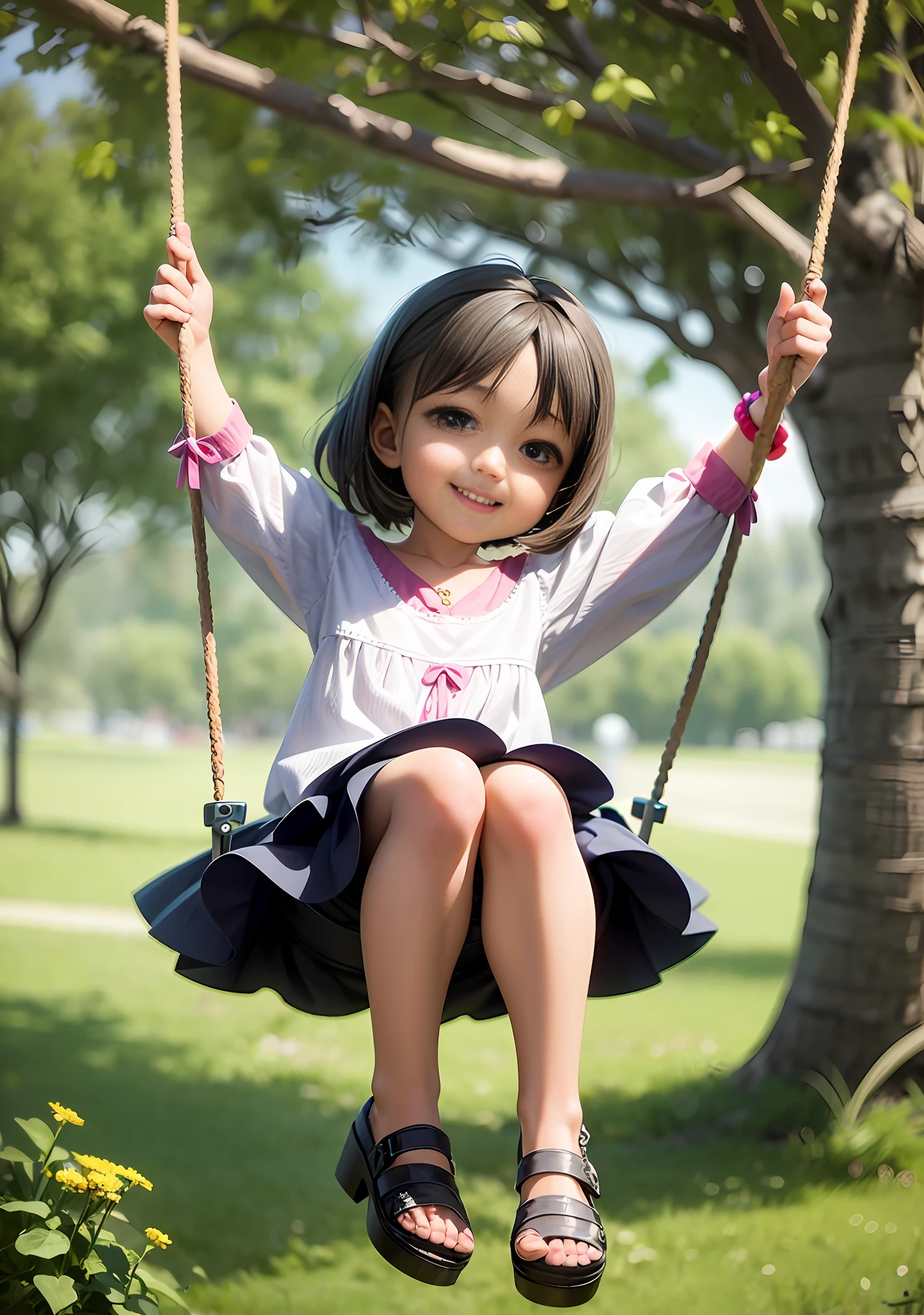 A simple swing hangs from a tall tree, on the swing sits a with a bright smile, the little girl eyes and seems to be enjoying the beauty around her, rendering a cute 3D anime girl, realistic anime 3D style, 3D anime realistic, realistic anime girl rendering, realistic anime, cute anime girl, anime style 3d, young anime girl, little loli girl, realistic y anime girl, anime highly detailed, smooth anime CG art, little girl laughing happikground is a park full of colorful flowers, and the sky is full of colorful bubbles,