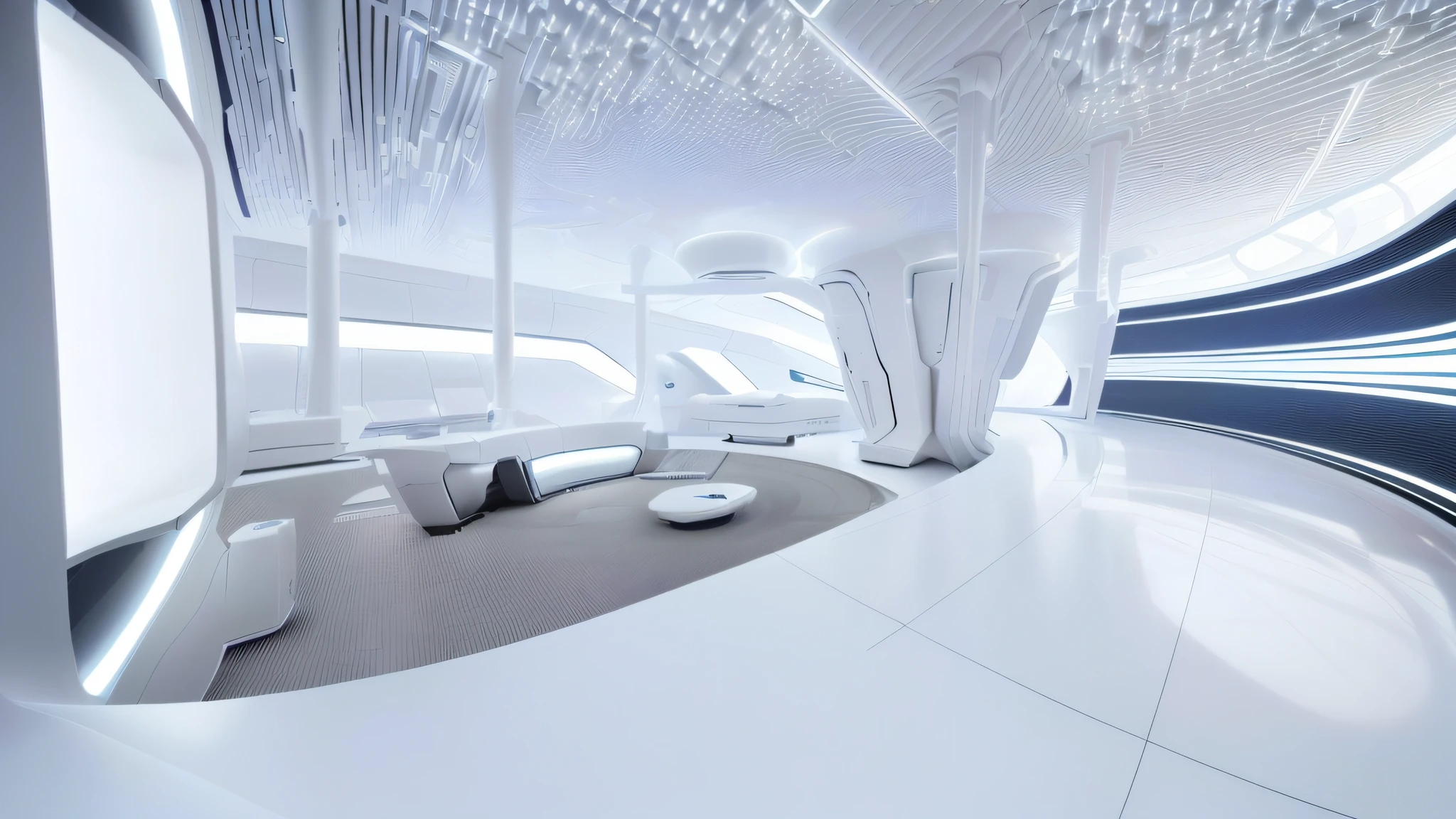 Building interior space, ((white)), (super wide angle), futuristic architecture with futuristic design and futuristic interior, futuristic spaceport, futuristic hall, futuristic government service hall, futuristic architectural concept, futuristic setting, futuristic decoration, futuristic utopian architecture, futuristic architectural art, futuristic production facilities, radical view, acsonometric view aspects, close-up, texture, (((Complex electronic component surface texture))), detail texture, HDR+, 8K, QHD, luminescence, dynamic lighting, Beautyfull refraction, ((high-key lighting, bright light)), in terms of design, the main color of this project is ceramic white, with dark and white lighting, the overall atmosphere is bright, with both ceramic warmth and modern technology, redshift renderer rendering, cinematic lighting effects