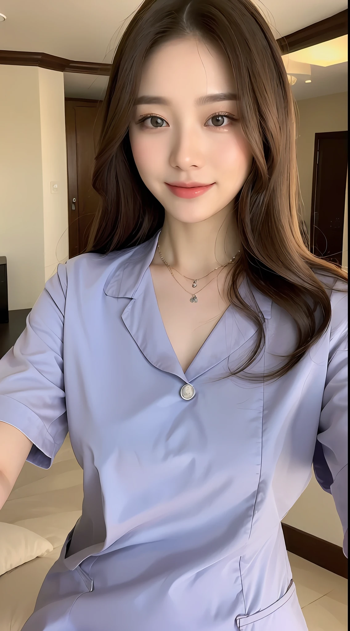 ((Top Quality, 8k, Masterpiece: 1.3)), Focus: 1.2, Perfect Body Beauty: 1.4, Buttocks: 1.2, (((Delicate Hair)), (Stylish Nurse Uniform: 1.1), (Room, Living Room: 1.3), Highly Detailed Face and Skin Texture, Fine Eyes, Double Eyelids, Whitening Skin, Big, Smile, Wearing a Necklace, Lace Queen