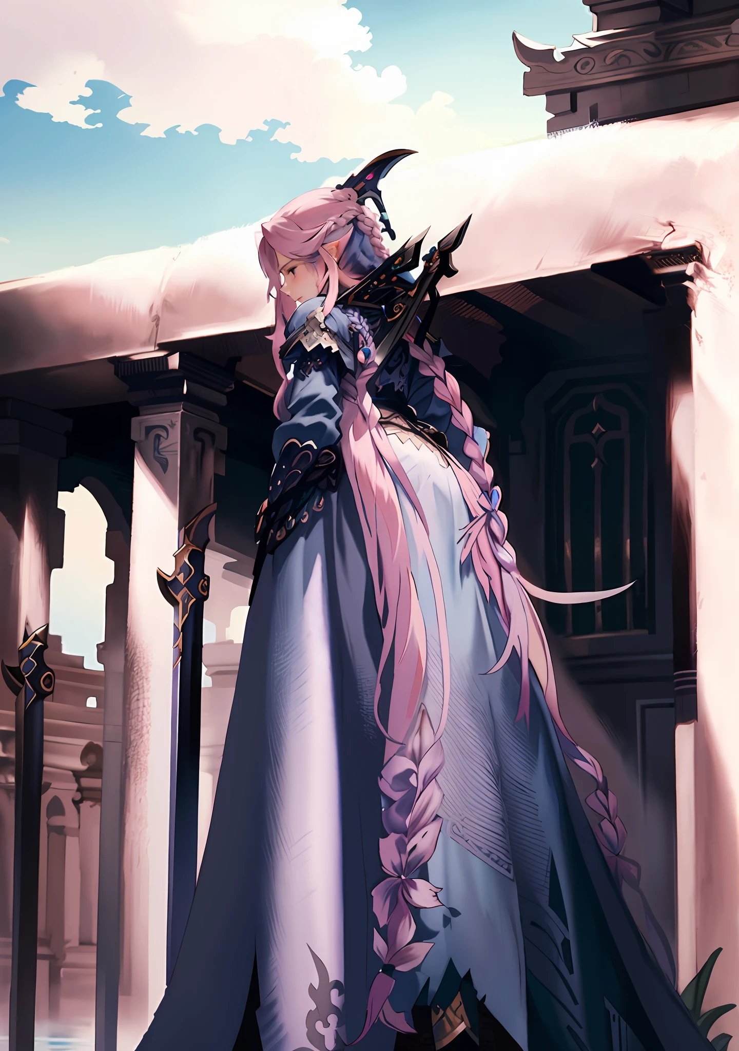 masterpiece, best quality, 1woman, (((weapon master))), intricate Heather Gray outfit, intricate background, very long hair, Bubblegum Pink hair, waterfall braid, Sky Blue eyes, swamp, sfw