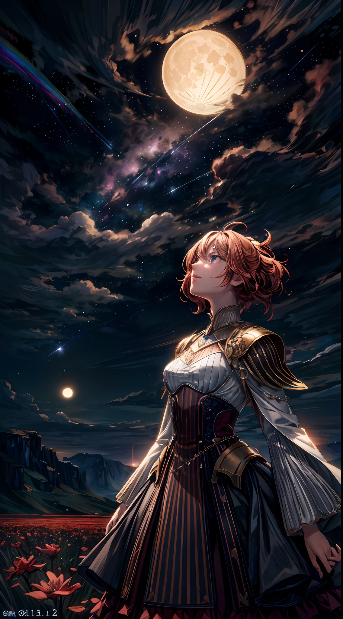 A wide landscape photo, (viewed from below, the sky is above, and the open field is below), a girl standing on a flower field looking up, (full moon: 1.2), (meteor: 0.9), (nebula: 1.3), distant mountains , Trees BREAK Crafting Art, (Warm Light: 1.2), (Firefly: 1.2), Lights, Lots of Purple and Orange, Intricate Details, Volumetric Lighting BREAK (Masterpiece: 1.2), (Best Quality), 4k, Ultra Detailed, (Dynamic Composition: 1.4), Rich in Detail and Color, (Rainbow Color: 1.2), (Glow, Atmospheric Lighting), Dreamy, Magical, (Solo: 1.2)