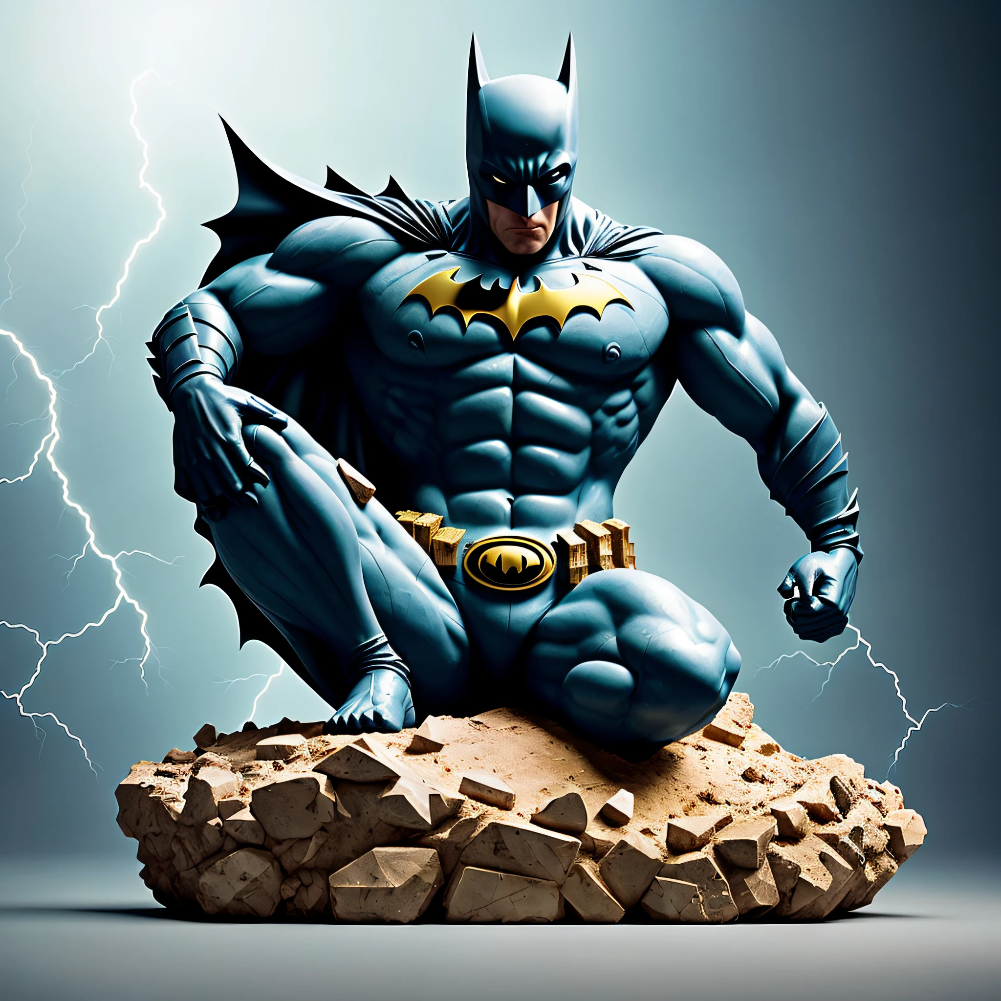 mdjrny-shttr, broken statue of batman made of (marble:1.1) with golden inlays with (blue lightnings:1.3) on background, hyper-realism, best quality hyper-realism, best quality