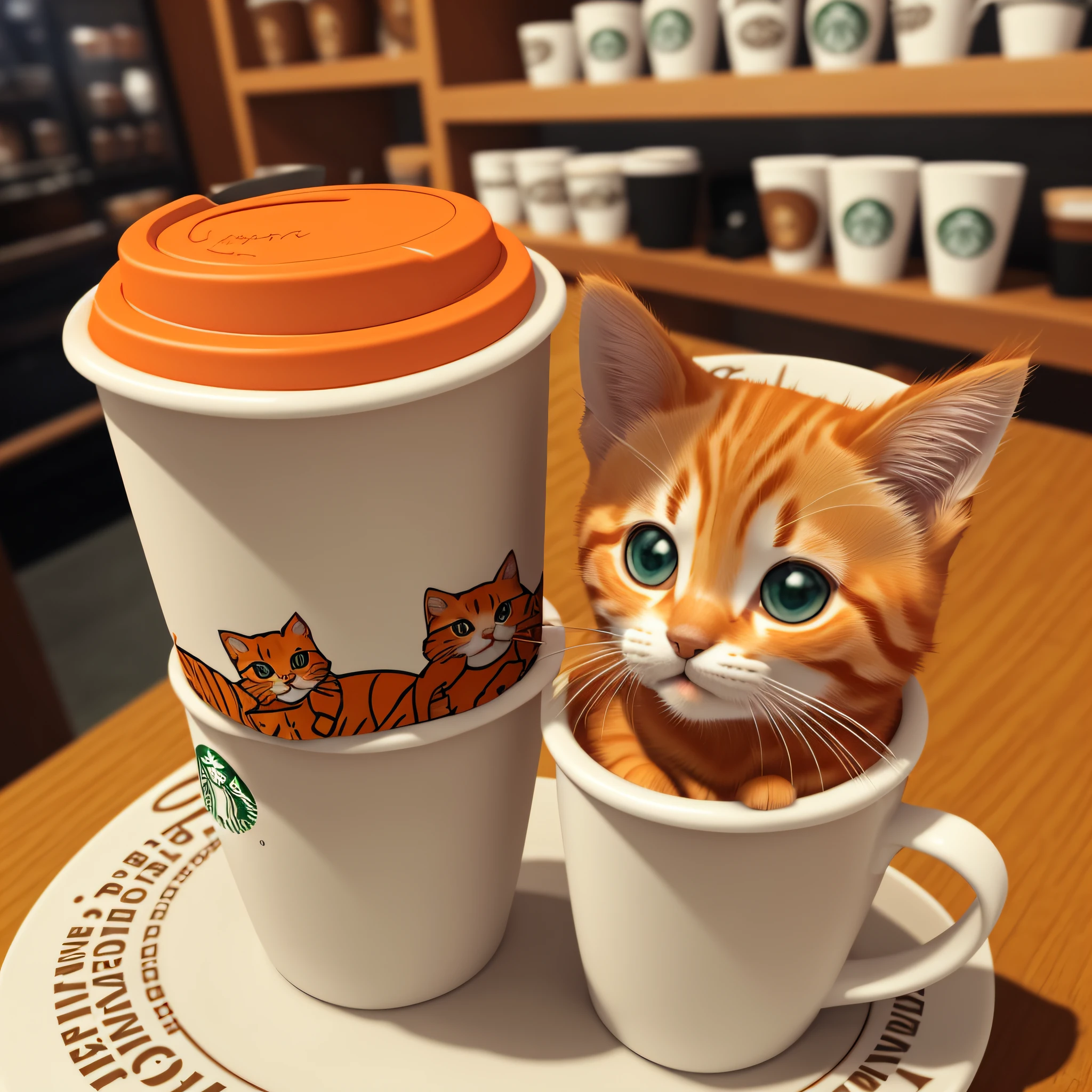 orange kitten in the starbucks coffee cup 3D, hdr --auto --s2