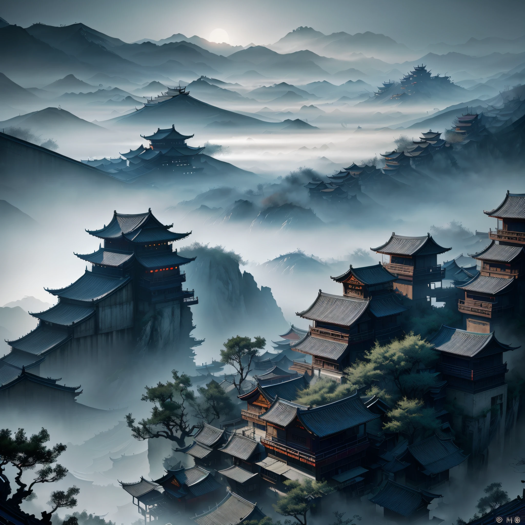 Chinese loft landscape, ink painting, color dull, cool tone, martial arts movie story style, highly detailed, dynamic, epic, realistic lighting and shadows, inspired by Jin Yong, vibrant, 8k, Octane rendering, Unreal Engine, very detailed , Realistic, Cry Engine, Masterpiece, Best Quality --v 6