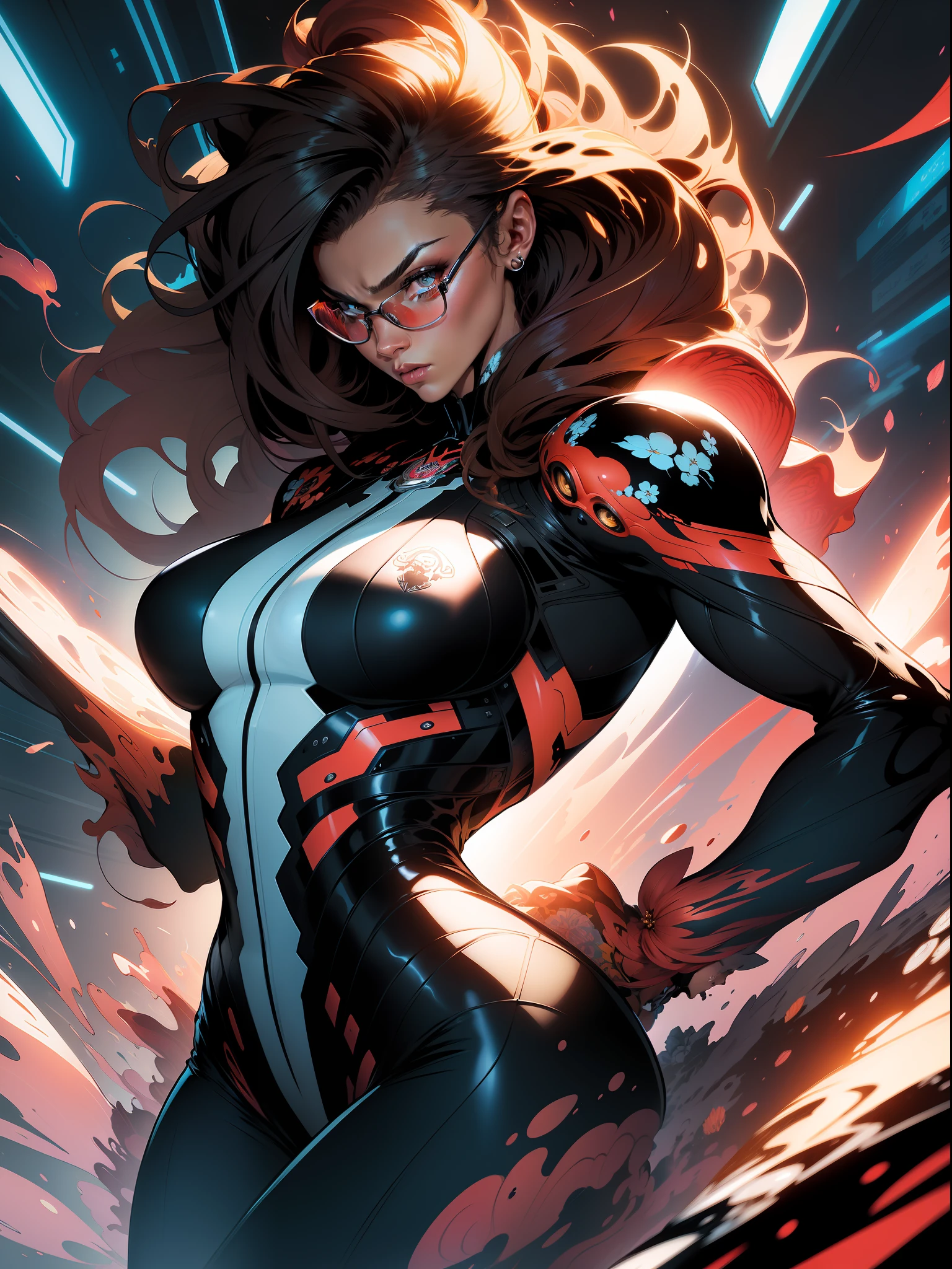 :: Comix Style by Joe Madureira :: "Black Woman'' , perfect and detailed, ultra detailed shirt with abstract design, with flower print on the sides of the dress, image of woman fighting with alien creature full of tentacles, with immersive effects, hover effect, graphite style background with vibrant colors "HDR Ultra" detailed and with focus effect, heterochromia, perfect anatomy, centered, approaching perfection, dynamic, highly detailed,absurd resolution, high resolution, (masterpiece: 1.4), hyper-detail, a mech, black armor, large warehouse, open eyes, red glasses, facing the lens, fire, :: comix style by joe madureira, perfect and detailed, ultra detailed shirt with abstract design, with flower print on the sides of the dress, image of woman fighting with alien creature full of tentacles, With immersive effects, hover effect, graphite-style background with vibrant colors "Ultra HDR" detailed