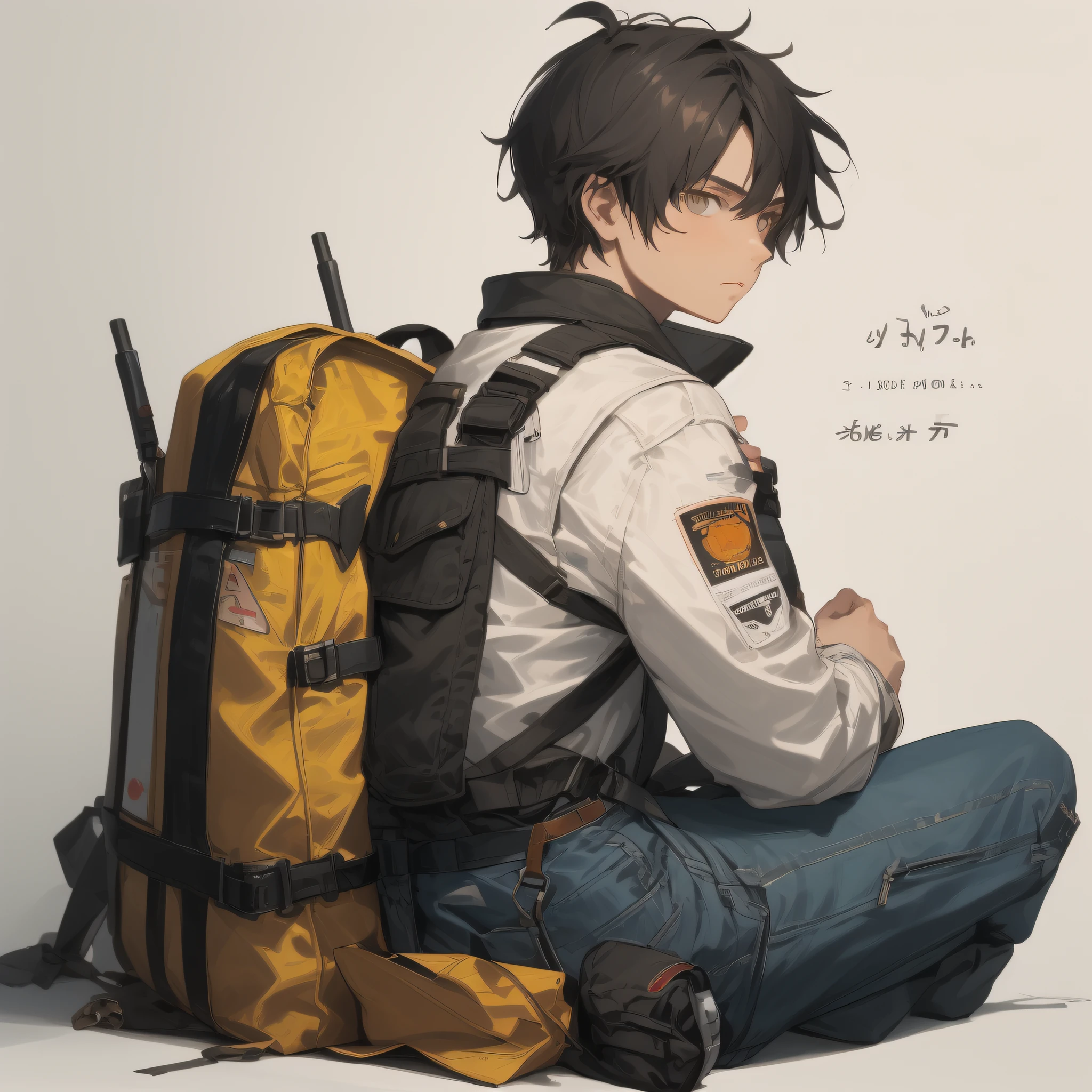 (draw) ((masterpiece, best quality)) (character design sheet, same character, front, side, back, with words written around it) a 20-year-old boy with black hair, white jacket, jeans, shirt, bulletproof vest, sitting, backpack