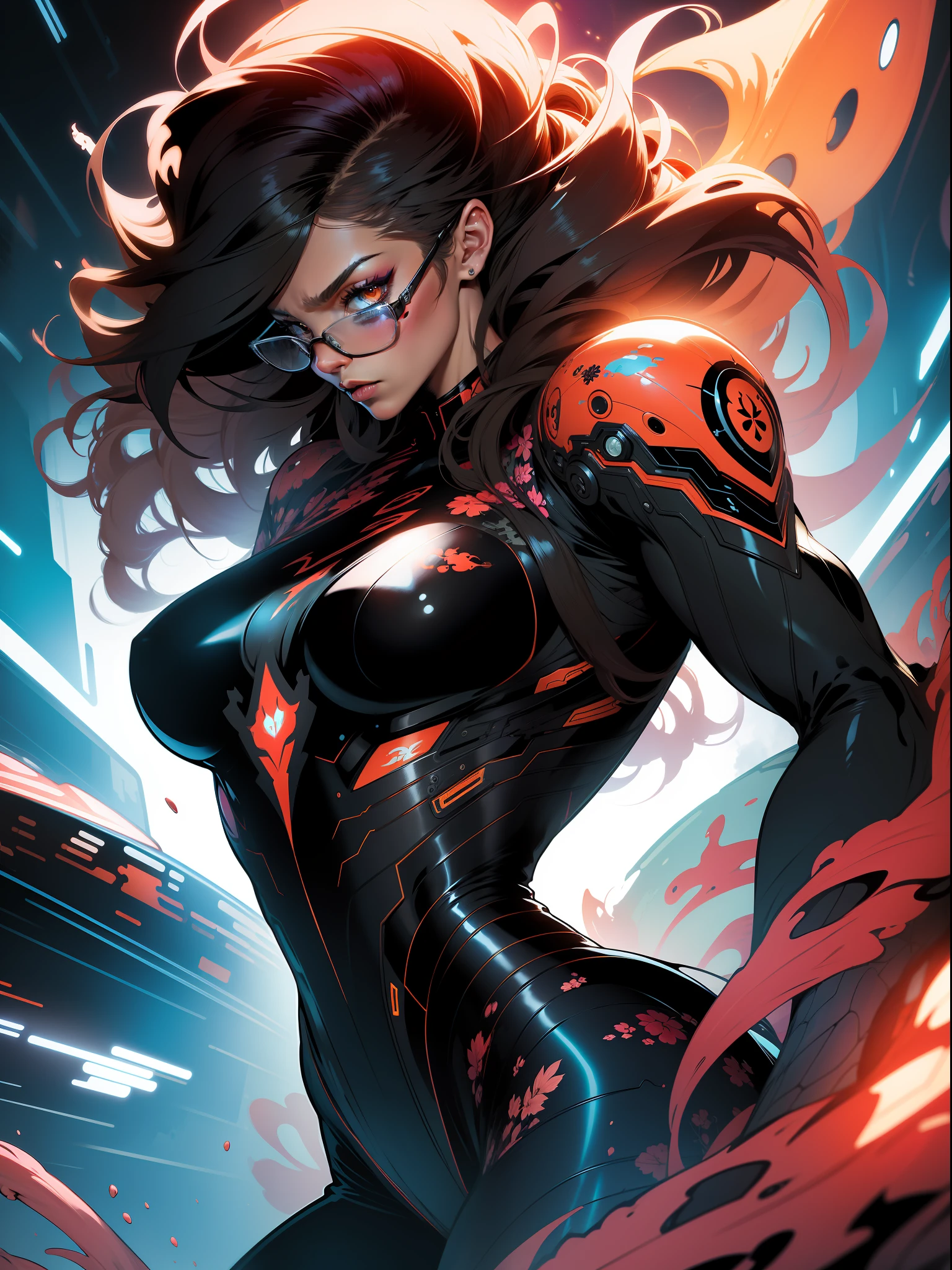 :: Comix Style by Joe Madureira :: "Black Woman'' , perfect and detailed, ultra detailed shirt with abstract design, with flower print on the sides of the dress, image of woman fighting with alien creature full of tentacles, with immersive effects, hover effect, graphite style background with vibrant colors "HDR Ultra" detailed and with focus effect, heterochromia, perfect anatomy,  centered, approaching perfection, dynamic, highly detailed,absurd resolution, high resolution, (masterpiece: 1.4), hyper-detail, a mech, black armor, large warehouse, open eyes, red glasses, facing the lens, fire, :: comix style by joe madureira, perfect and detailed, ultra detailed shirt with abstract design, with flower print on the sides of the dress, image of woman fighting with alien creature full of tentacles,  With immersive effects, hover effect, graphite-style background with vibrant colors "Ultra HDR" detailed