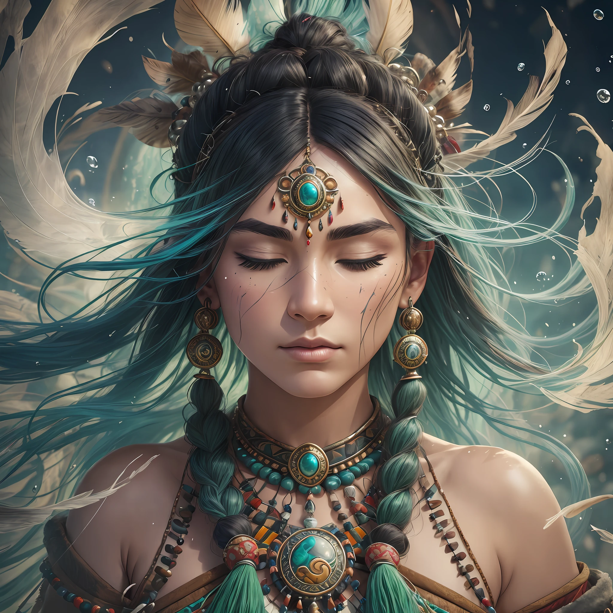 (full portrait), (half shot), solo, detailed background, detailed face, (stonepunkAI, stone theme:1.1), wise, (female), (native american), (beautiful hair, braids:0.2), shaman, septum piercing, mystical, (gorgeous face), head tilted upwards, (eyes closed, serene expression), calm, meditating, Seafoam Green frayed clothes, prayer beads, tribal jewelry, feathers in hair, jade, obsidian, detailed clothing, realistic skin texture, (floating particles, water swirling, embers, ritual, whirlwind, wind:1.2), sharp focus, volumetric lighting, good highlights, good shading, subsurface scattering, intricate, highly detailed, ((cinematic)), dramatic, (highest quality, award winning, masterpiece:1.5), (photorealistic:1.5), (intricate symmetrical warpaint),