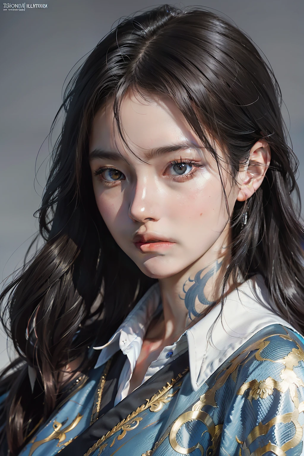 a drawing of a woman with a long hair and a collared shirt on, Chinese women,head and shoulders portrait, 8k resolution concept art portrait by Greg Rutkowski, Artgerm, WLOP, Alphonse Mucha dynamic lighting hyperdetailed intricately detailed Splash art trending on Artstation triadic colors Unreal Engine 5 volumetric lighting,