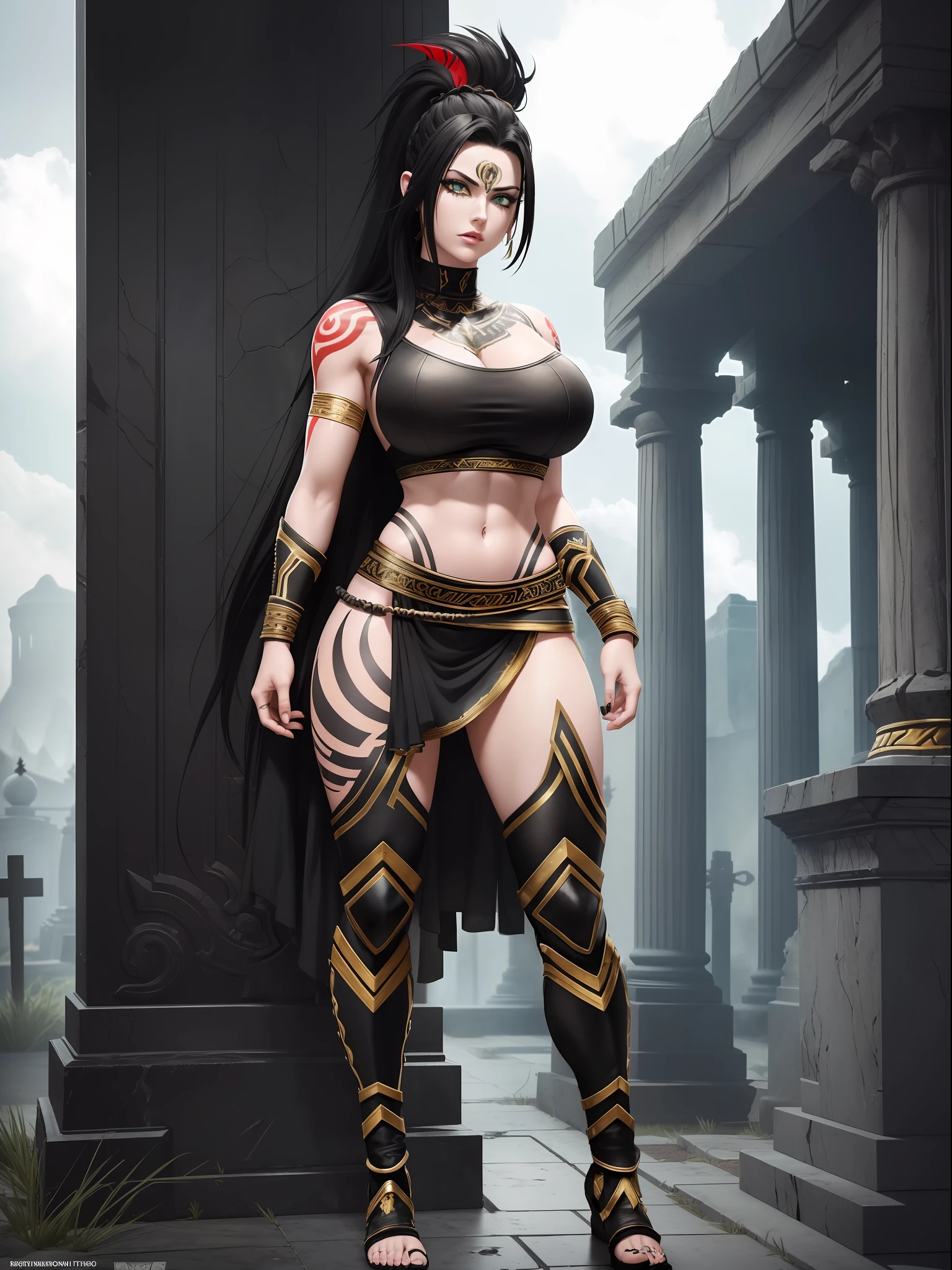 ((Full body photo)) ((Laura/woman, big breasts, {black+part gold+red parts/Spartan warrior costume/extremely short and tight on body}, {very white and pale skin}, lots of tattoos on body and face)), looking at the viewer with angry eyes, smile. Background macabre marble temple with cemetery attached and blood stains on the walls. ((She has {black mohawk hair}, {green eyes}, Spartan weapons)). God of War, high detail, anime, 16k, UHD, retina, retina, ccurate, anatomically correct, textured skin, super detail, high quality, award winning