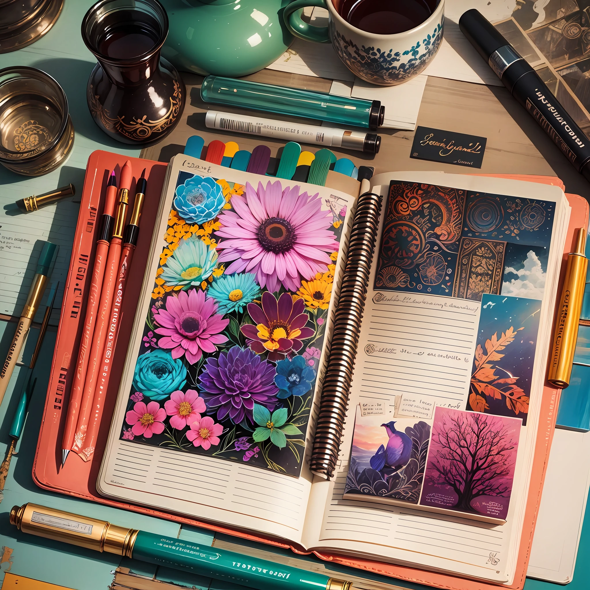 An imaginative and vibrant illustration depicting art journaling, such as an open notebook adorned with artistic elements, colors, and textures. --auto --s2