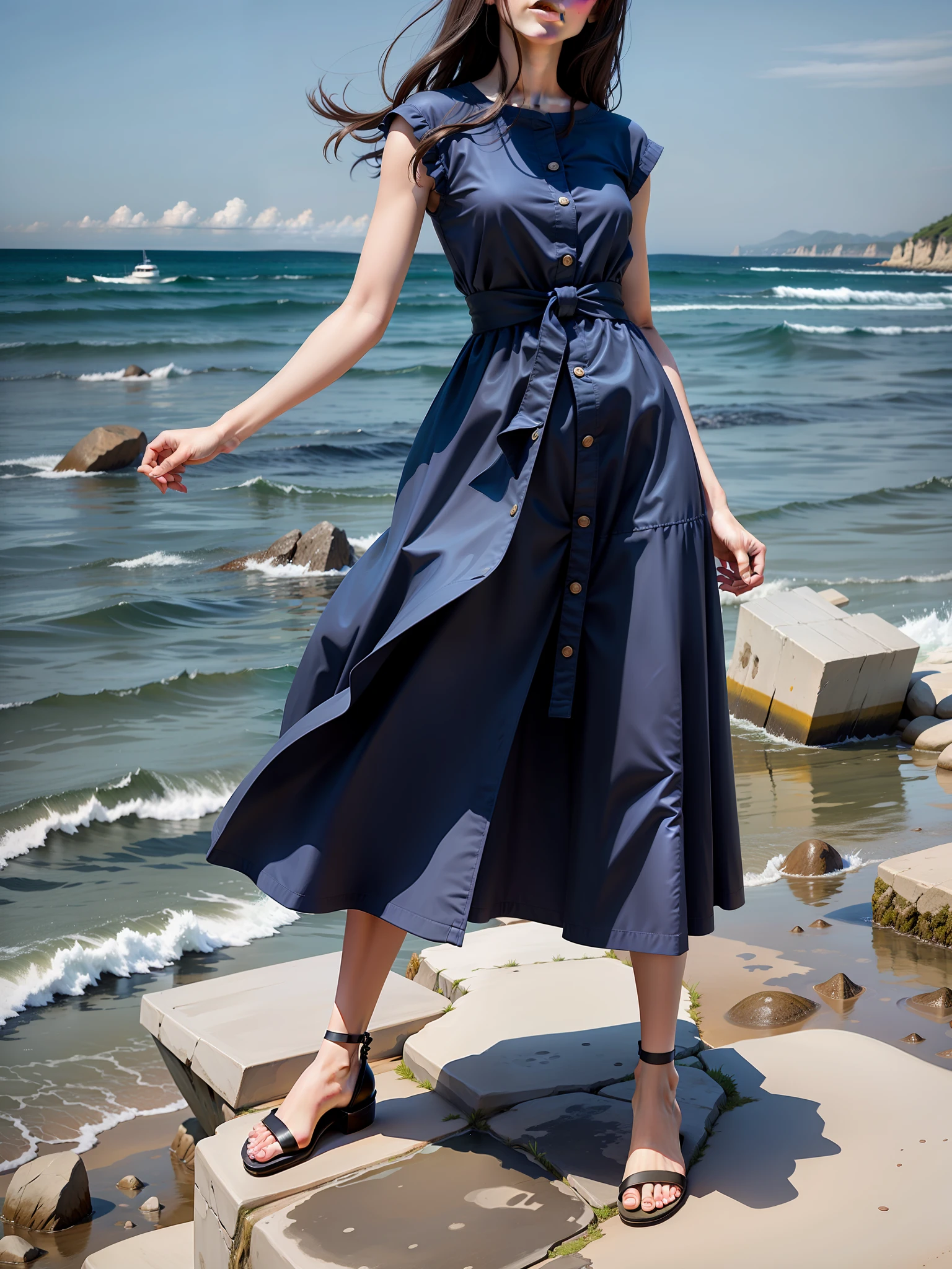 Standing on a stone with the sea behind it