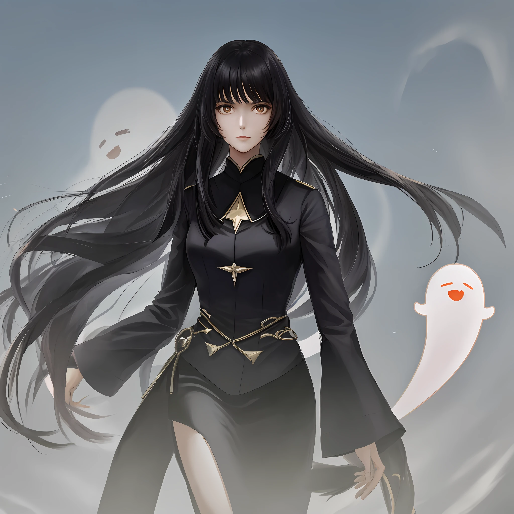 1Tall beautiful woman with black hair with ghost around