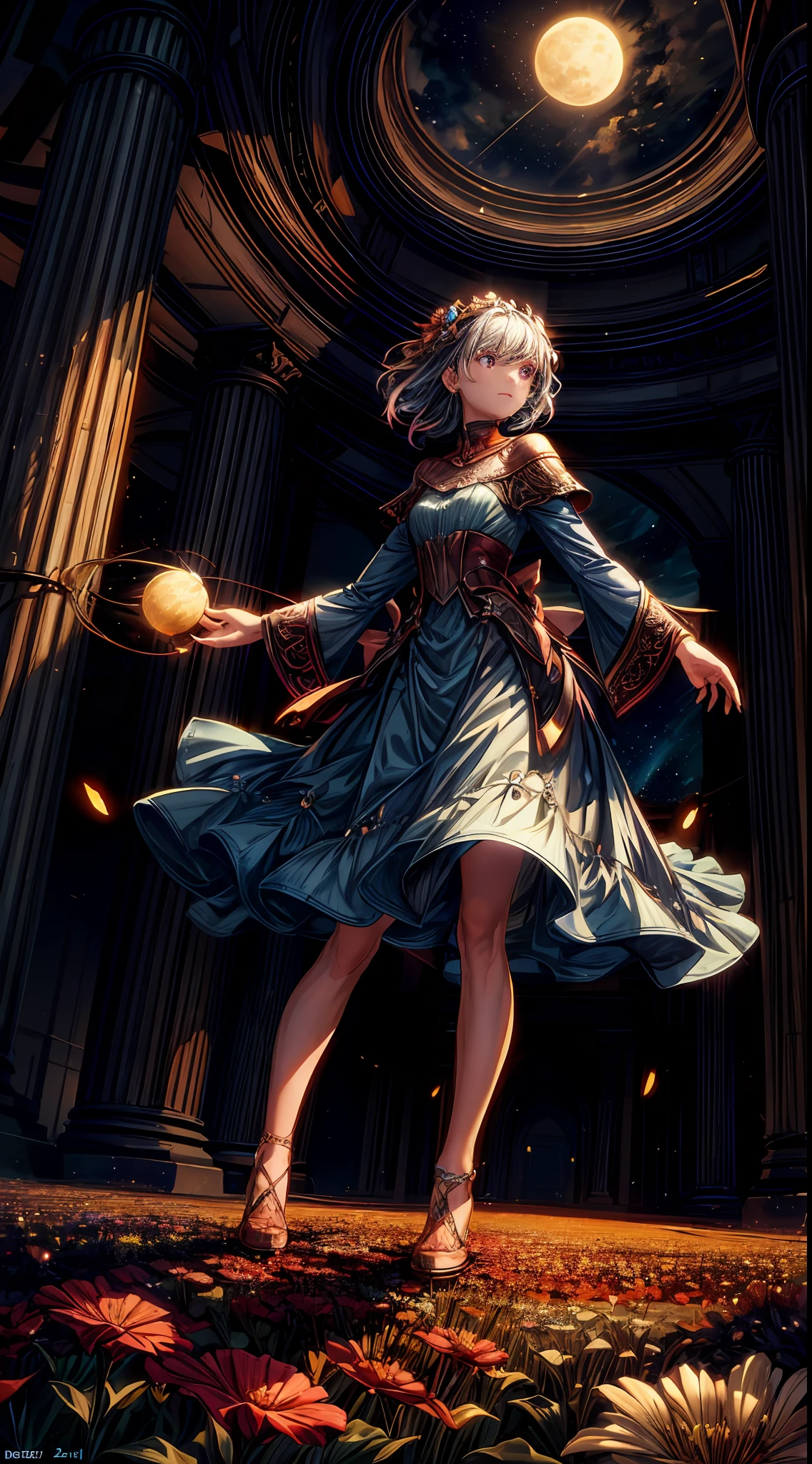 A wide landscape photo, (viewed from below, the sky is above, and the open field is below), a girl standing on a flower field looking up, (full moon: 1.2), (meteor: 0.9), (nebula: 1.3), distant mountains , Trees BREAK Crafting Art, (Warm Light: 1.2), (Firefly: 1.2), Lights, Lots of Purple and Orange, Intricate Details, Volumetric Lighting BREAK (Masterpiece: 1.2), (Best Quality), 4k, Ultra Detailed, (Dynamic Composition: 1.4), Rich in Detail and Color, (Rainbow Color: 1.2), (Glow, Atmospheric Lighting), Dreamy, Magical, (Solo: 1.2)