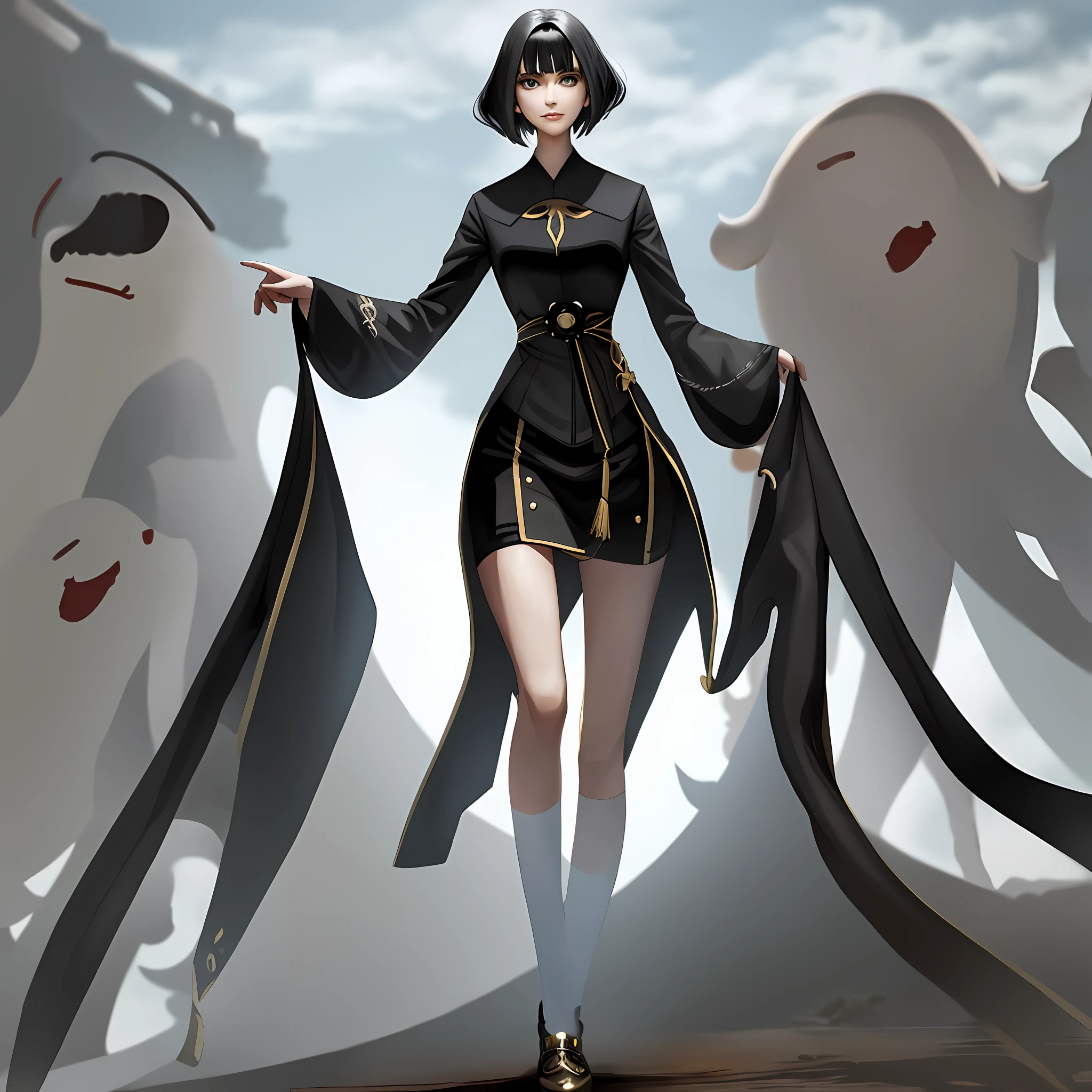 1Tall beautiful woman with black hair with ghost around