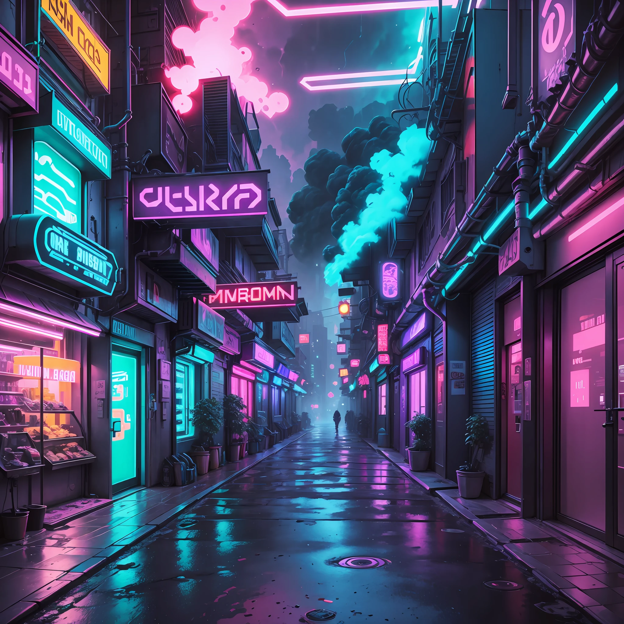 Cyberpunk alley, with several shops, smoke, wide variety of neon colors, 4K, masterpiece, high definition --auto --s2