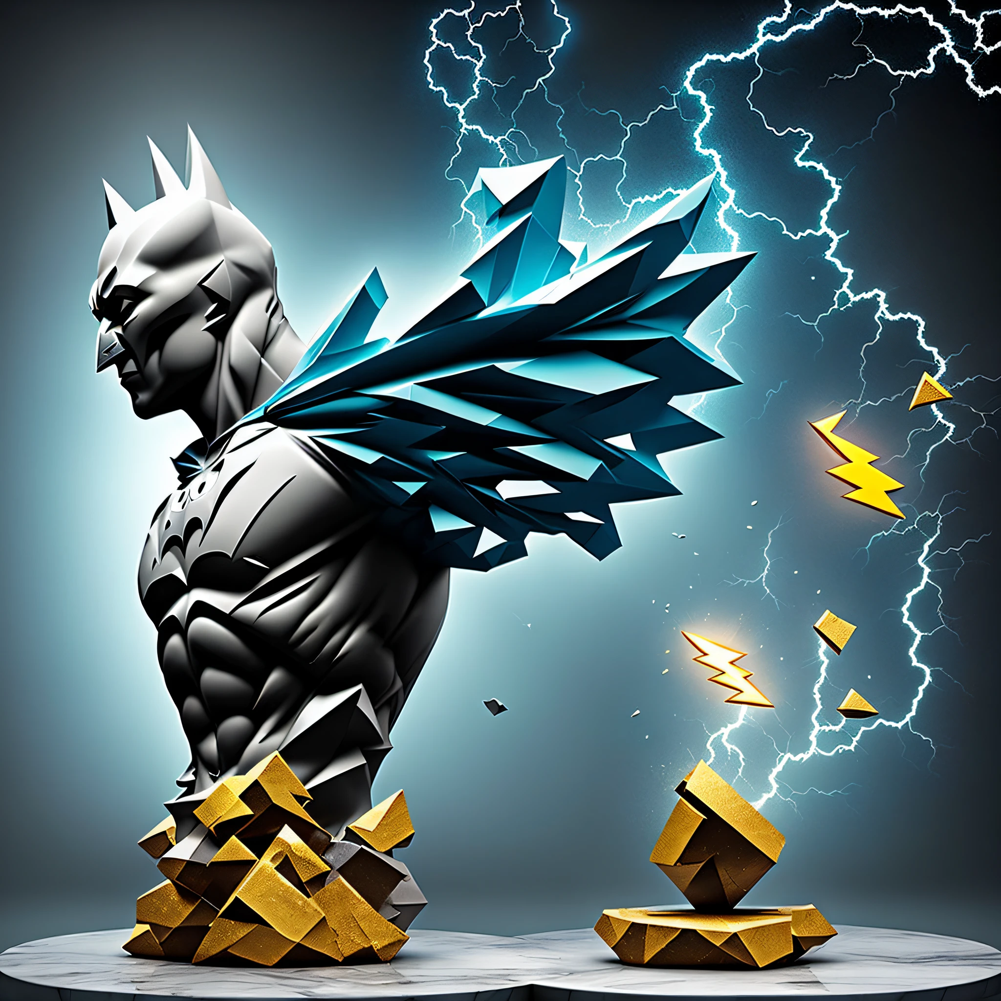 mdjrny-shttr, broken statue of batman made of (marble:1.1) with golden inlays with (blue lightnings:1.3) on background, hyper-realism, best quality hyper-realism, best quality