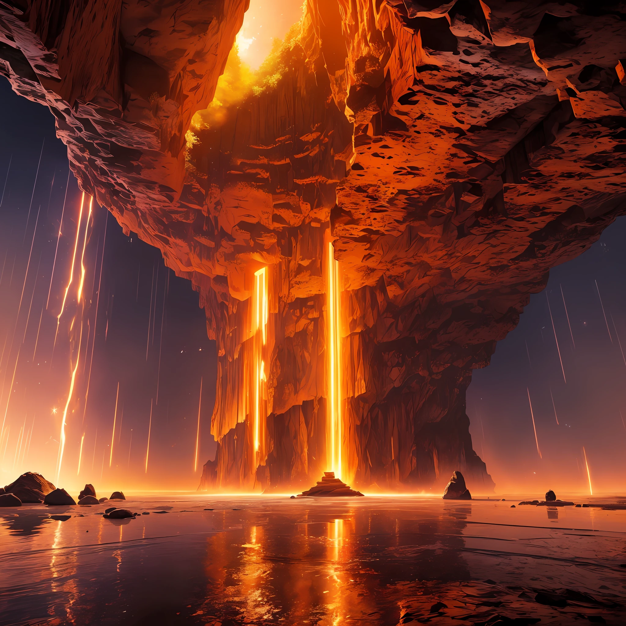 an extensive landscape photograph (view from below, which shows the vault of the cave with staloctites at the top and the ledge of the stone shore, the lake of fire below), a blonde guy standing on a stone ledge and looking at the lake of fire (lake of fire: 1.2), (falling stones: 0.9), (fire: 1.3), a distant exit from the cave, stalagmites BREAK production art, (warm light source:1.2), (Firefly:1.2), a lamp, a lot of red and orange, Complex Details, Volumetric Lighting, Realism BREAK (Masterpiece:1.2), (Best Quality), 4K, Ultra Detailed, (Dynamic Composition: 1.4), High Detailed, Colorful Details, (Rainbow Colors: 1.2), (Luminous Lighting, Atmospheric Lighting), Dreamy, Magical, (Solo: 1.2) --auto --s2