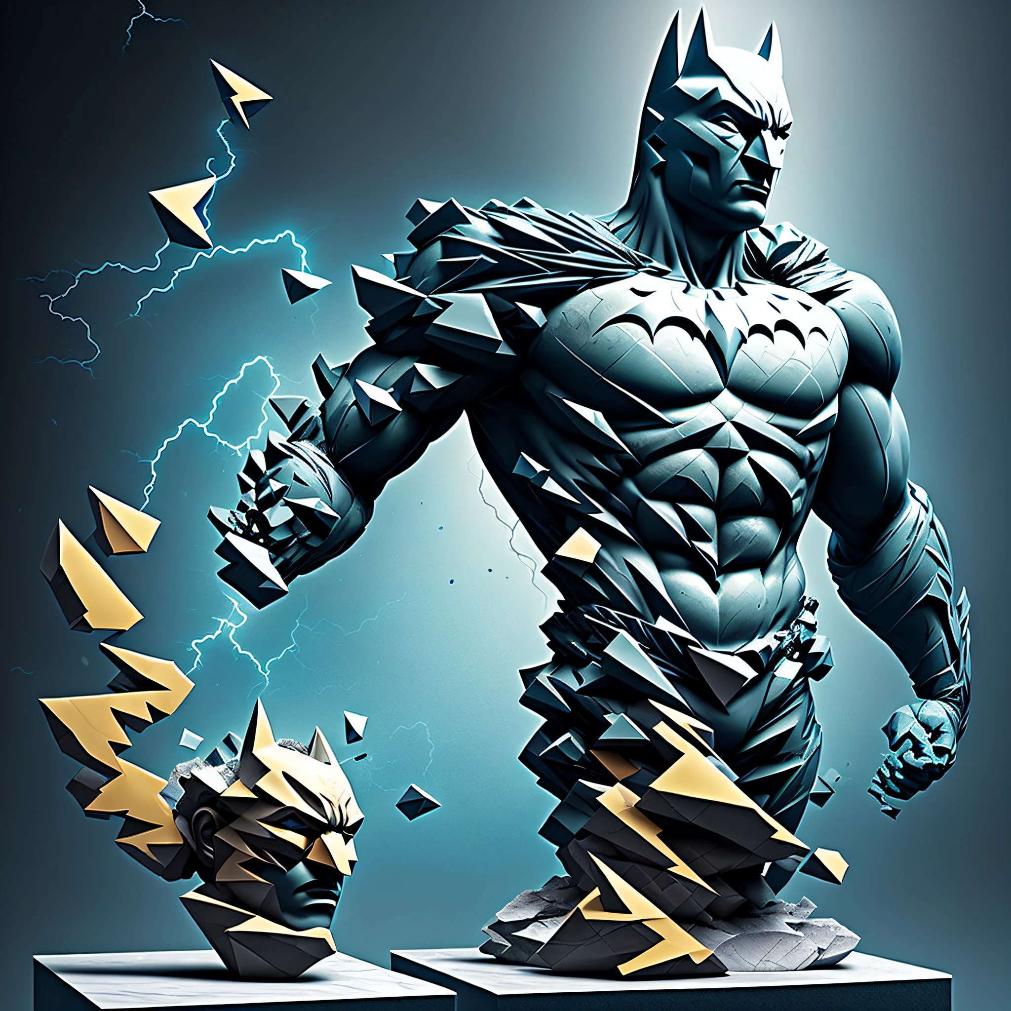 mdjrny-shttr, broken statue of batman made of (marble:1.1) with golden inlays with (blue lightnings:1.3) on background, hyper-realism, best quality hyper-realism, best quality