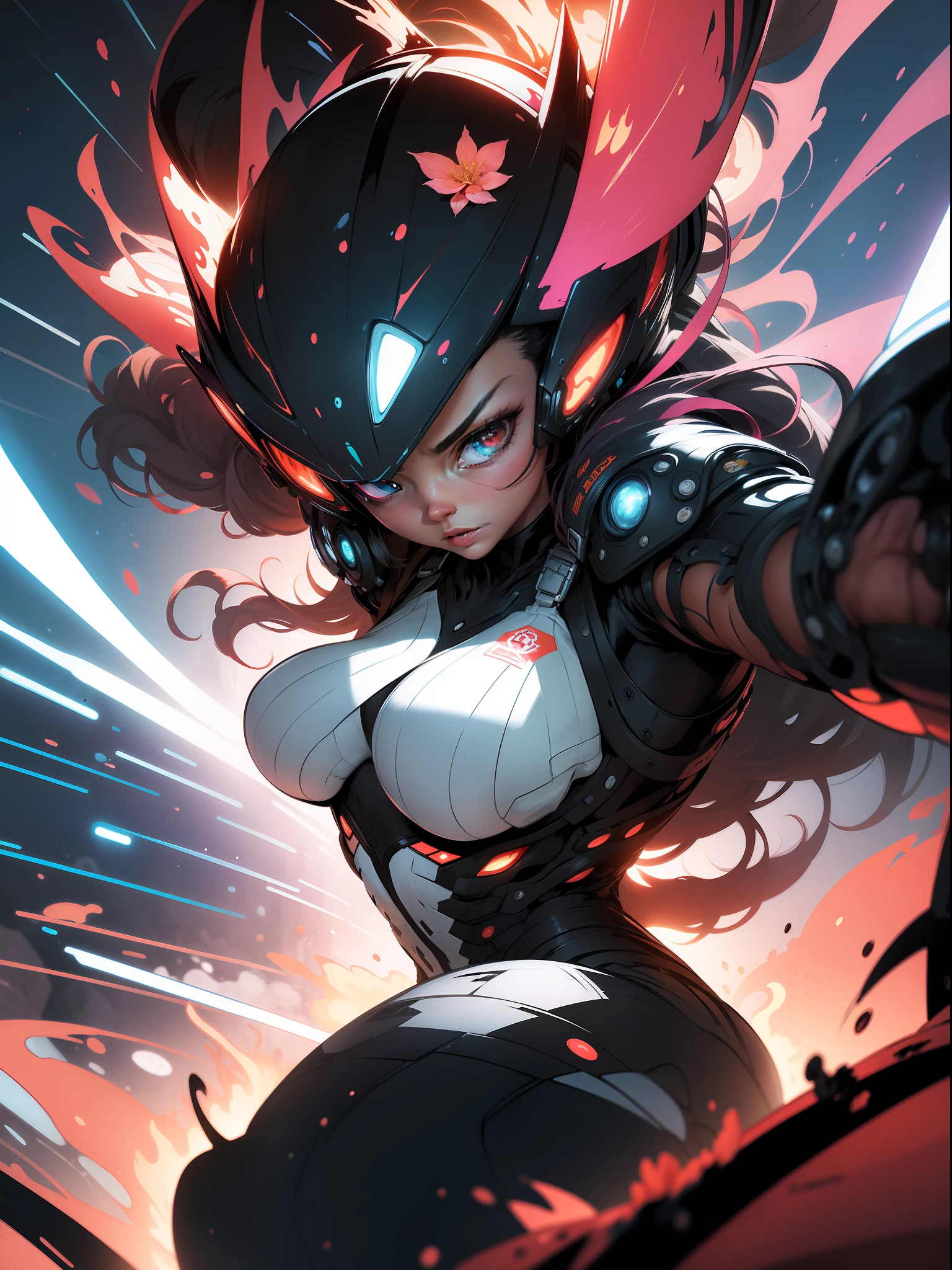 , image of woman fighting with alien creature full of tentacles , with immersive effects, hover effect, graphite style background with vibrant colors "ultra hdr" detailed and with focus effect, heterochromia, perfect anatomy, centered, approaching perfection, dynamic, highly detailed,absurd resolution, high resolution, (masterpiece: 1.4), hyper-detail, a mech, black armor, large warehouse, open eyes, red glasses, Facing the lens, fire, :: Comix style by Joe Madureira, perfect and detailed, ultra detailed shirt with abstract design, with flower print on the sides of the dress, image of woman fighting with alien creature full of tentacles, with immersive effects, hover effect, graphite style background with vibrant colors "HDR ultra" detailed