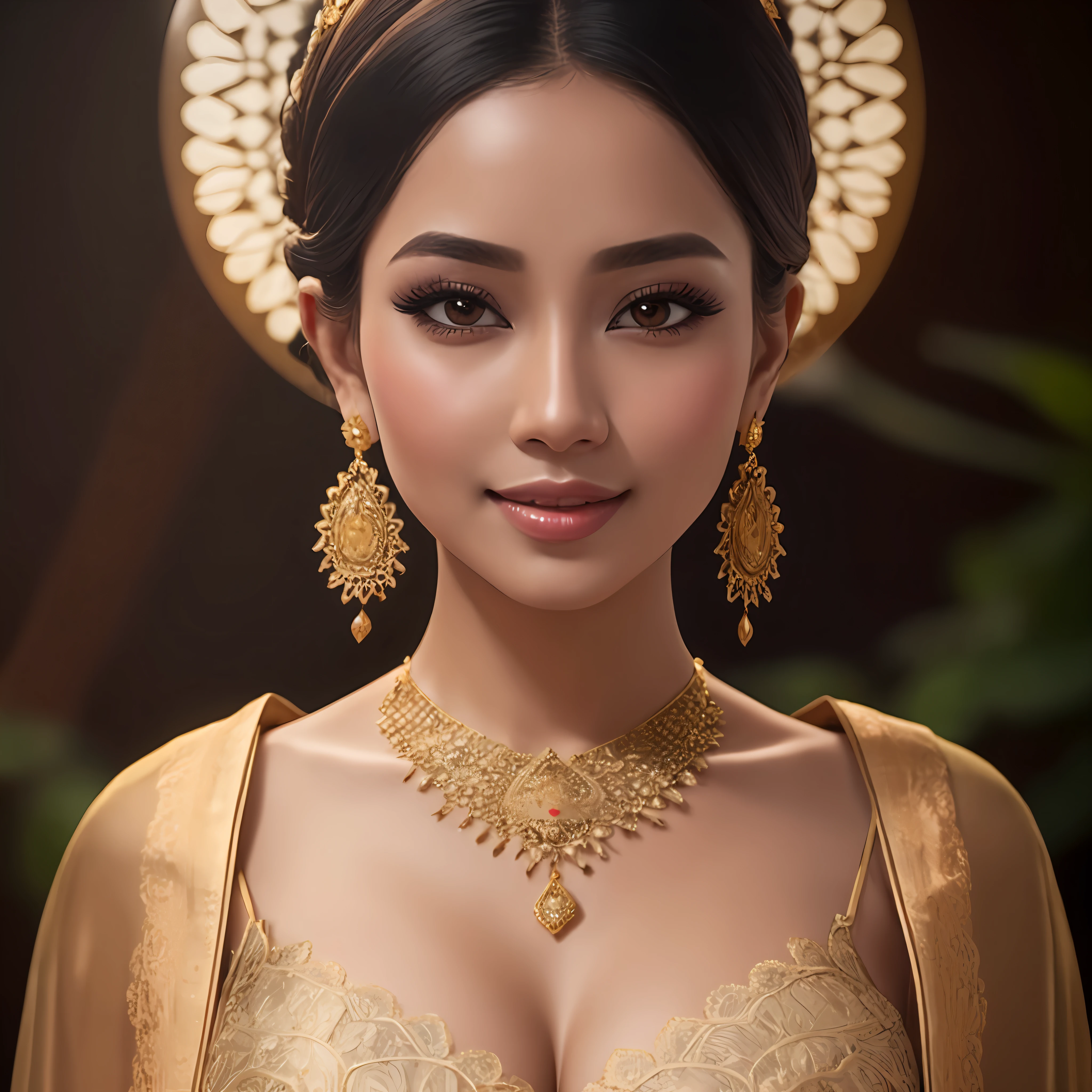 best quality, masterpiece, highres, 1girl, transparent silk lace javanese kebaya, silk robe, medium hair, smile, closed mouth,lips, long dress, necklace, jewelry, javanese clothes, make-up, small earrings, detailed beautiful round eyes,Indonesia women, Beautiful face,upon_body, tyndall effect,photorealistic, rim lighting, two tone lighting,(high detailed skin:1.2), 8k uhd, dslr, soft lighting, high quality, volumetric lighting, candid, Photograph, high resolution, 4k, 8k, Bokeh, in home, leaf falling , spring, (gigantic breasts:1.3), black bra