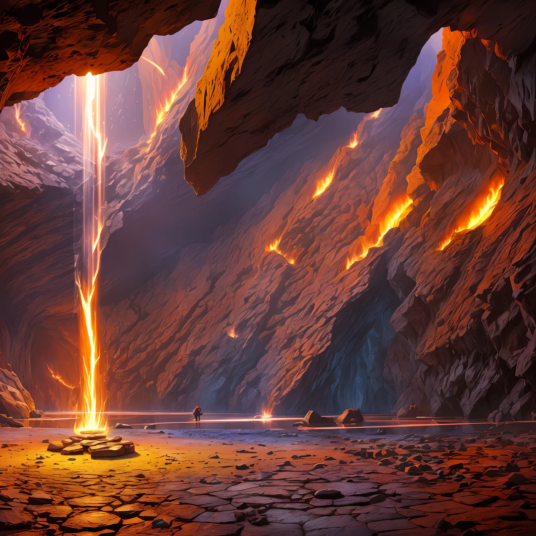 an extensive landscape photograph (view from below, which shows the vault of the cave with staloctites at the top and the ledge of the stone shore, the lake of fire below), a blonde guy standing on a stone ledge and looking at the lake of fire (lake of fire: 1.2), (falling stones: 0.9), (fire: 1.3), a distant exit from the cave, stalagmites BREAK production art, (warm light source:1.2), (Firefly:1.2), a lamp, a lot of red and orange, Complex Details, Volumetric Lighting, Realism BREAK (Masterpiece:1.2), (Best Quality), 4K, Ultra Detailed, (Dynamic Composition: 1.4), High Detailed, Colorful Details, (Rainbow Colors: 1.2), (Luminous Lighting, Atmospheric Lighting), Dreamy, Magical, (Solo: 1.2) --auto --s2