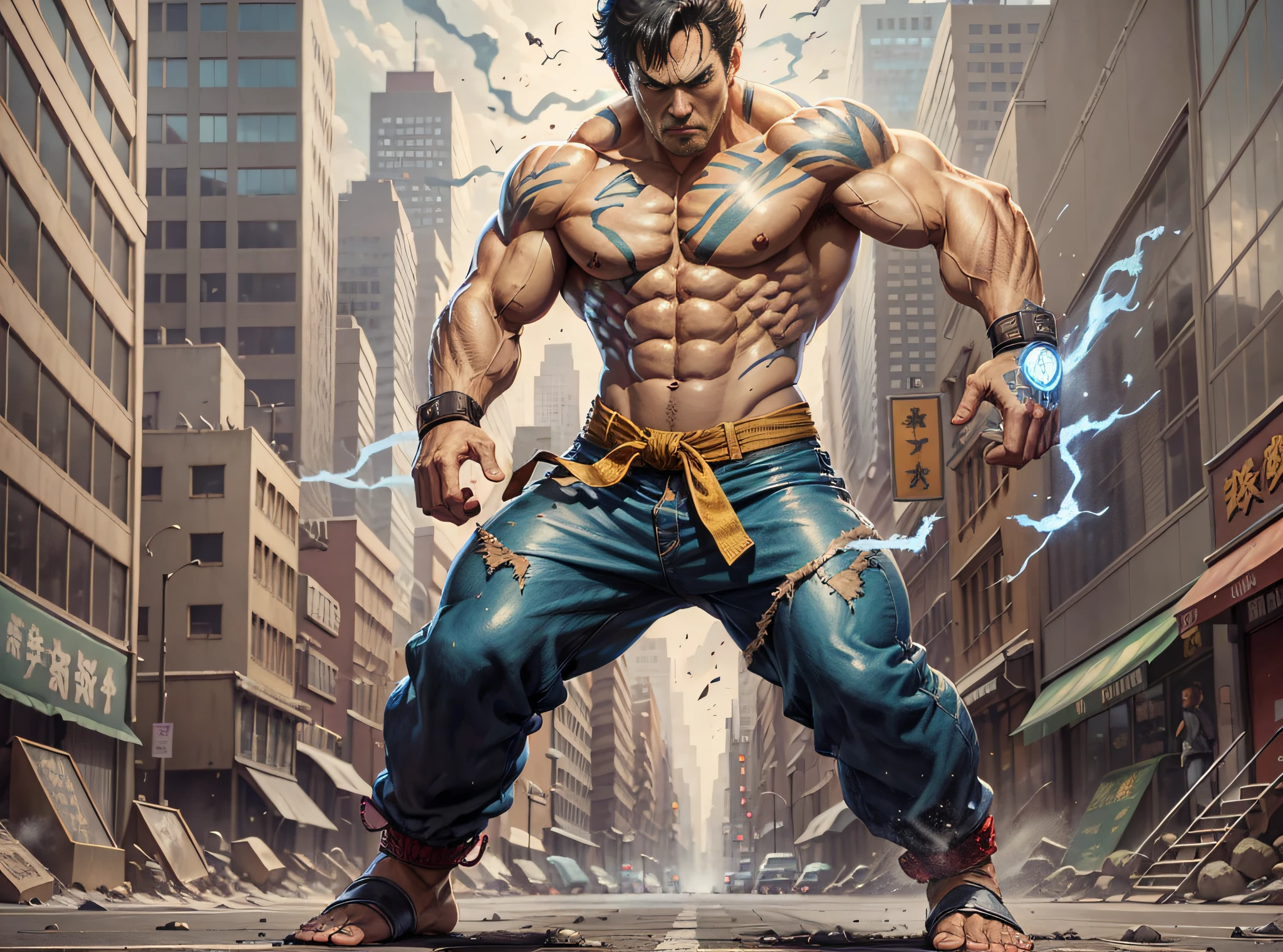 Tips: Full body shot, game character design, man with a scar on the chest, Kenjiro, Hokuto Shinken character, Bruce Lee signature move, portrait, deserted city street (background), low angle - AR 16:12 - style expression