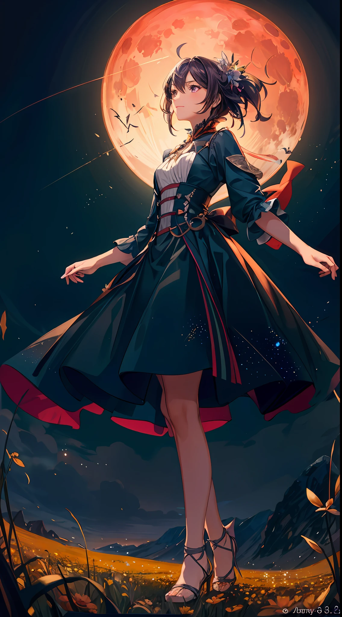A wide landscape photo, (viewed from below, the sky is above, and the open field is below), a girl standing on a flower field looking up, (full moon: 1.2), (meteor: 0.9), (nebula: 1.3), distant mountains , Trees BREAK Crafting Art, (Warm Light: 1.2), (Firefly: 1.2), Lights, Lots of Purple and Orange, Intricate Details, Volumetric Lighting BREAK (Masterpiece: 1.2), (Best Quality), 4k, Ultra Detailed, (Dynamic Composition: 1.4), Rich in Detail and Color, (Rainbow Color: 1.2), (Glow, Atmospheric Lighting), Dreamy, Magical, (Solo: 1.2)