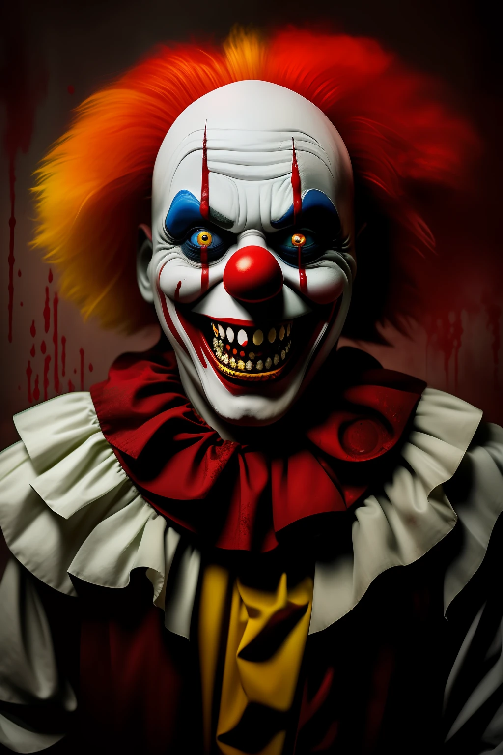 Clown man, scary, blood, evil smile, wide eyes, toys, macabre background, various colors, 8k qualities, cinematic focus, horror