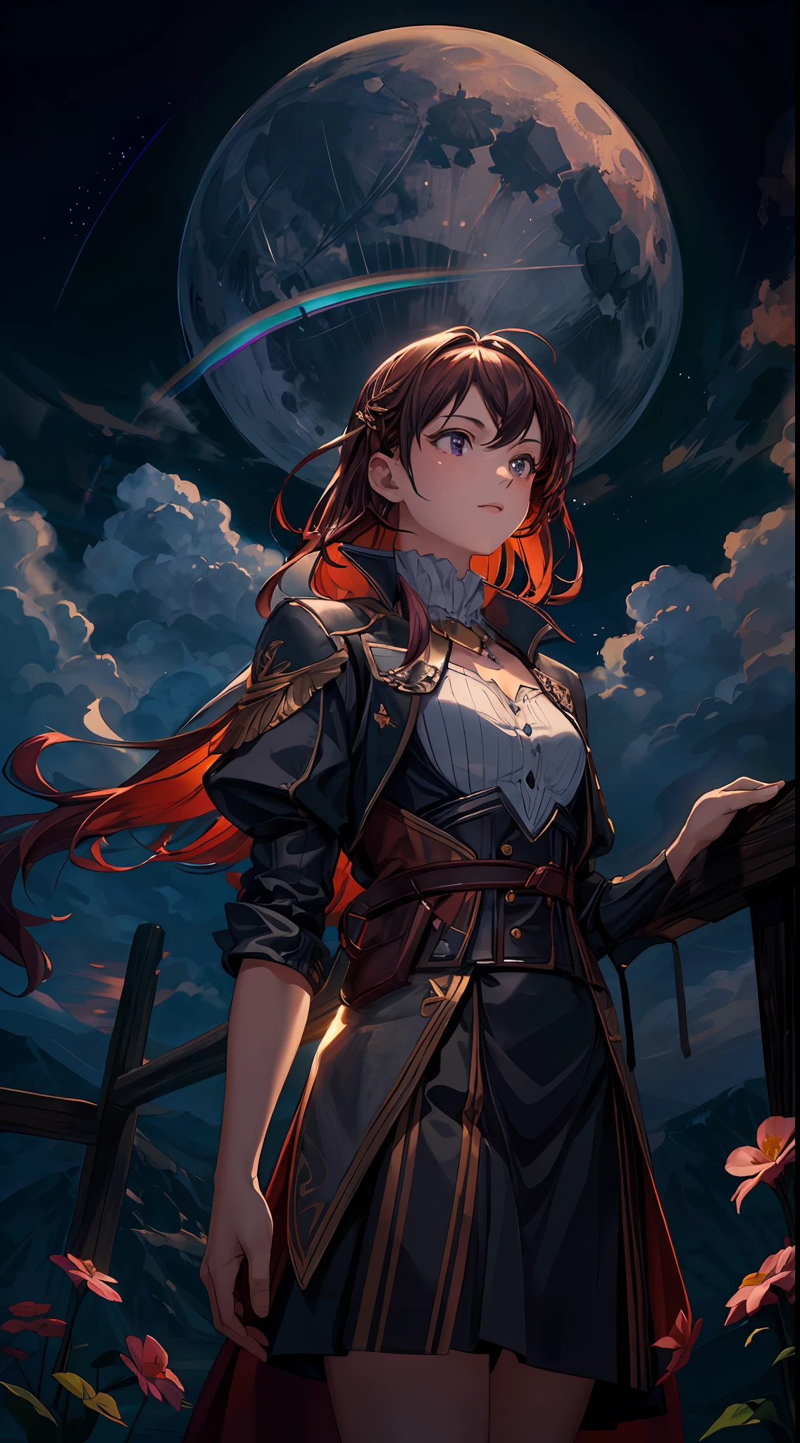 A wide landscape photo, (viewed from below, the sky is above, and the open field is below), a girl standing on a flower field looking up, (full moon: 1.2), (meteor: 0.9), (nebula: 1.3), distant mountains , Trees BREAK Crafting Art, (Warm Light: 1.2), (Firefly: 1.2), Lights, Lots of Purple and Orange, Intricate Details, Volumetric Lighting BREAK (Masterpiece: 1.2), (Best Quality), 4k, Ultra Detailed, (Dynamic Composition: 1.4), Rich in Detail and Color, (Rainbow Color: 1.2), (Glow, Atmospheric Lighting), Dreamy, Magical, (Solo: 1.2)