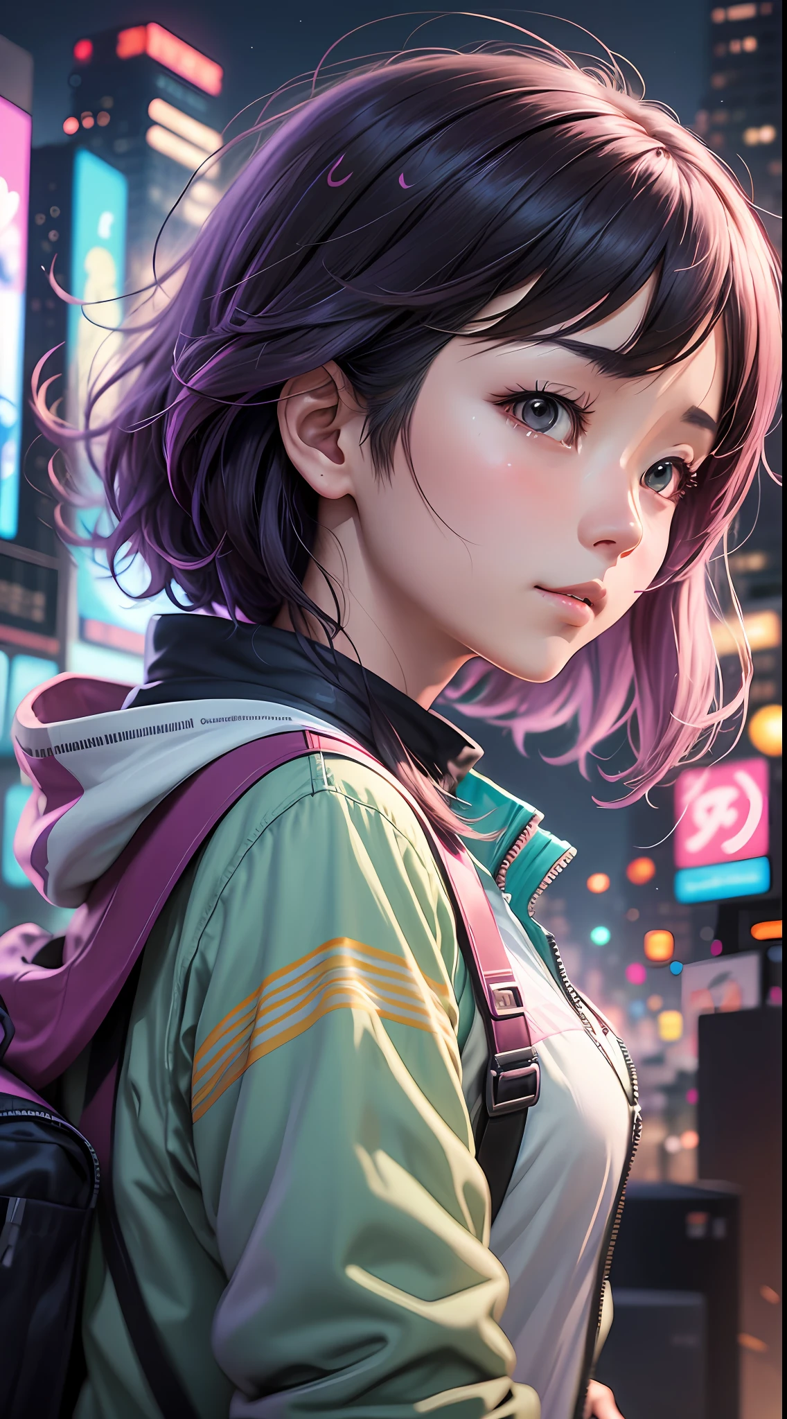 Colorful profile picture of a female character in an anime style. It has distinct characteristics from the anime Oshi no Ko. The scene takes place in a futuristic city with neon lights. The environment is exciting and adventurous. The camera settings are a digital camera with a low ISO setting. The lens is a zoom lens with a medium aperture. The character design is inspired by Japanese illustrator and animator, Akiko Stehrenberger, and photographed by Makoto Shinkai, the director of Your Name
