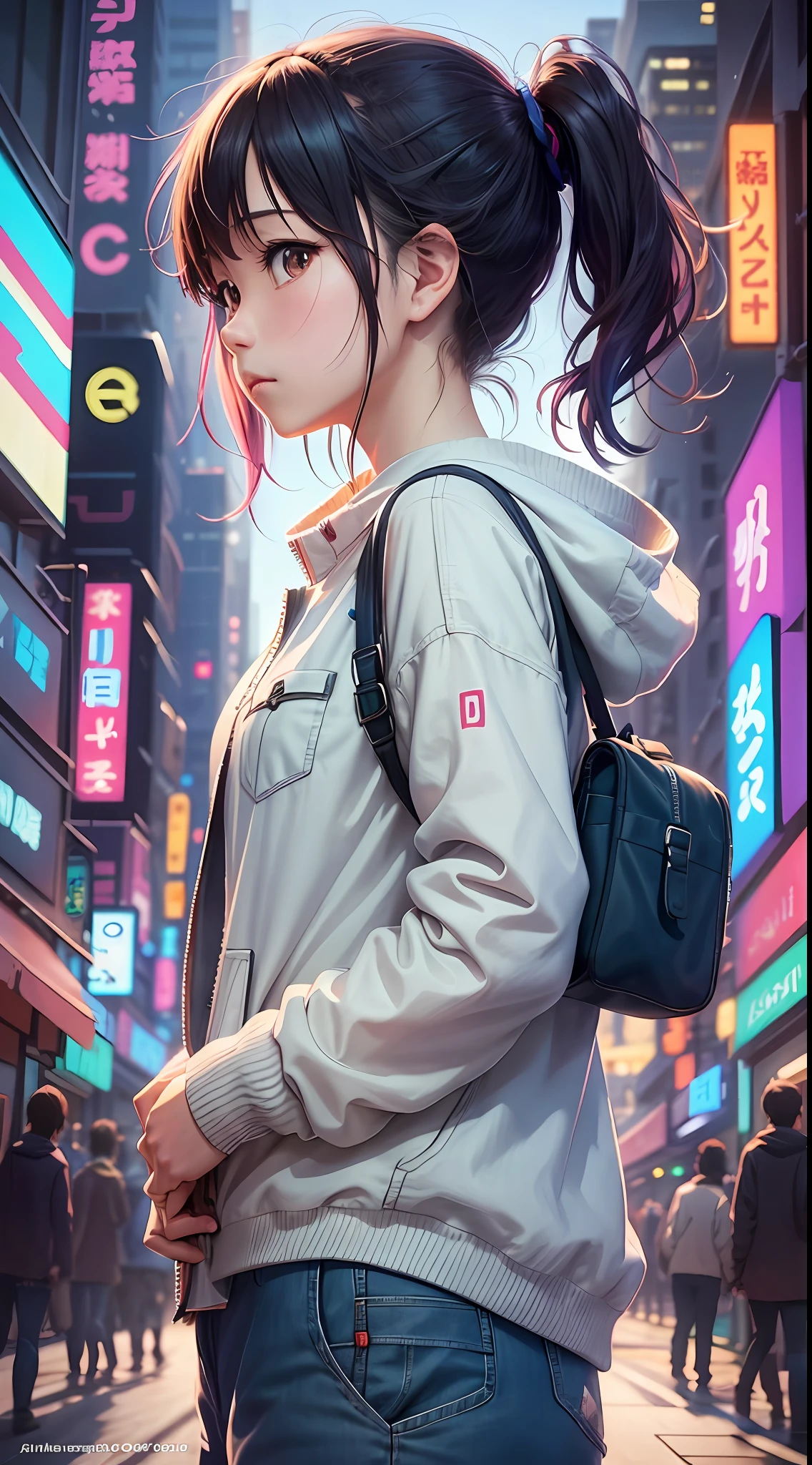 Colorful profile picture of a female character in an anime style. It has distinct characteristics from the anime Oshi no Ko. The scene takes place in a futuristic city with neon lights. The environment is exciting and adventurous. The camera settings are a digital camera with a low ISO setting. The lens is a zoom lens with a medium aperture. The character design is inspired by Japanese illustrator and animator, Akiko Stehrenberger, and photographed by Makoto Shinkai, the director of Your Name