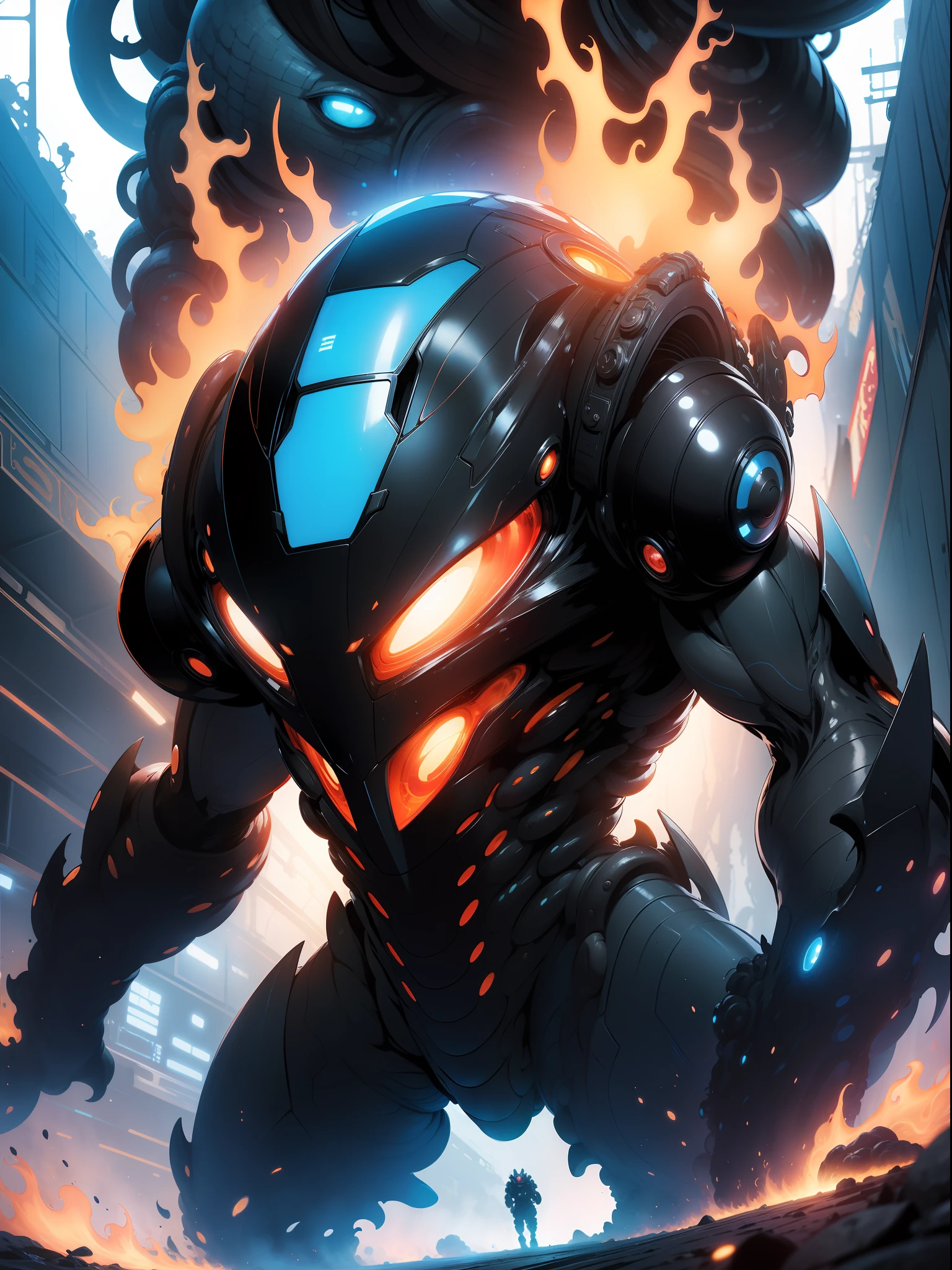 alien creature full of tentacles, with immersive effects, hover effect, graphite style background with vibrant colors "ultra HDR" detailed and with focus effect, heterochromia, perfect anatomy, centered, approaching perfection, dynamic, highly detailed,Absurd resolution, high resolution, (masterpiece: 1.4), hyper-detail, a mech, black armor, large warehouse, eyes open, facing the lens, fire, :: comix style by Joe Madureira , Perfect and detailed, alien creature full of tentacles, with immersive effects, hover effect, graphite style background with vibrant colors "Ultra HDR" detailed
