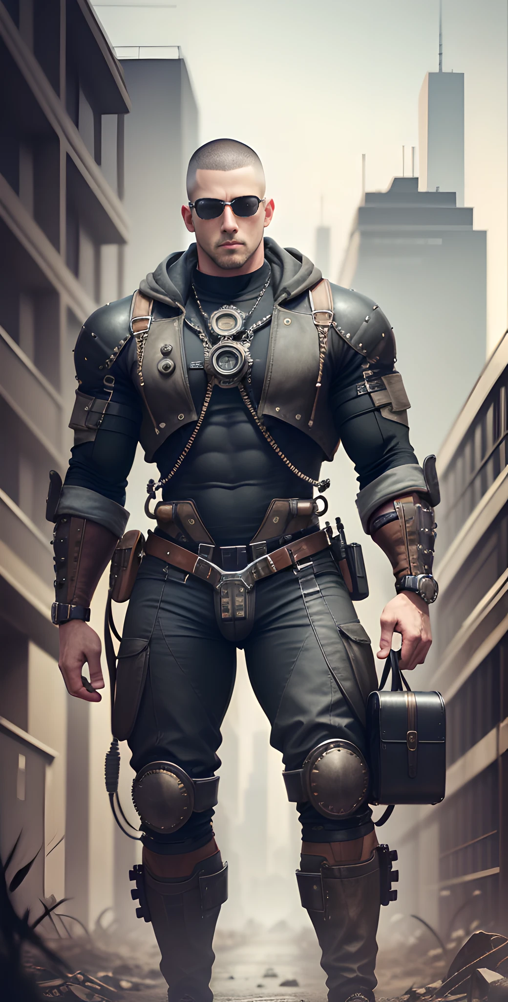 Male in the Heath, tall and burly, black tights, big muscles, big bulge, Buzz cut, black sunglasses, black military boots, buzz cut, steampunk style, steampunk art, complex mechanical devices such as gears, pipes, valves, (huge industrial building: 1.4), gray theme, retro futurism, crazy details, (Fujiflim XT3), 20 megapixels, detailed, cinematic particles,