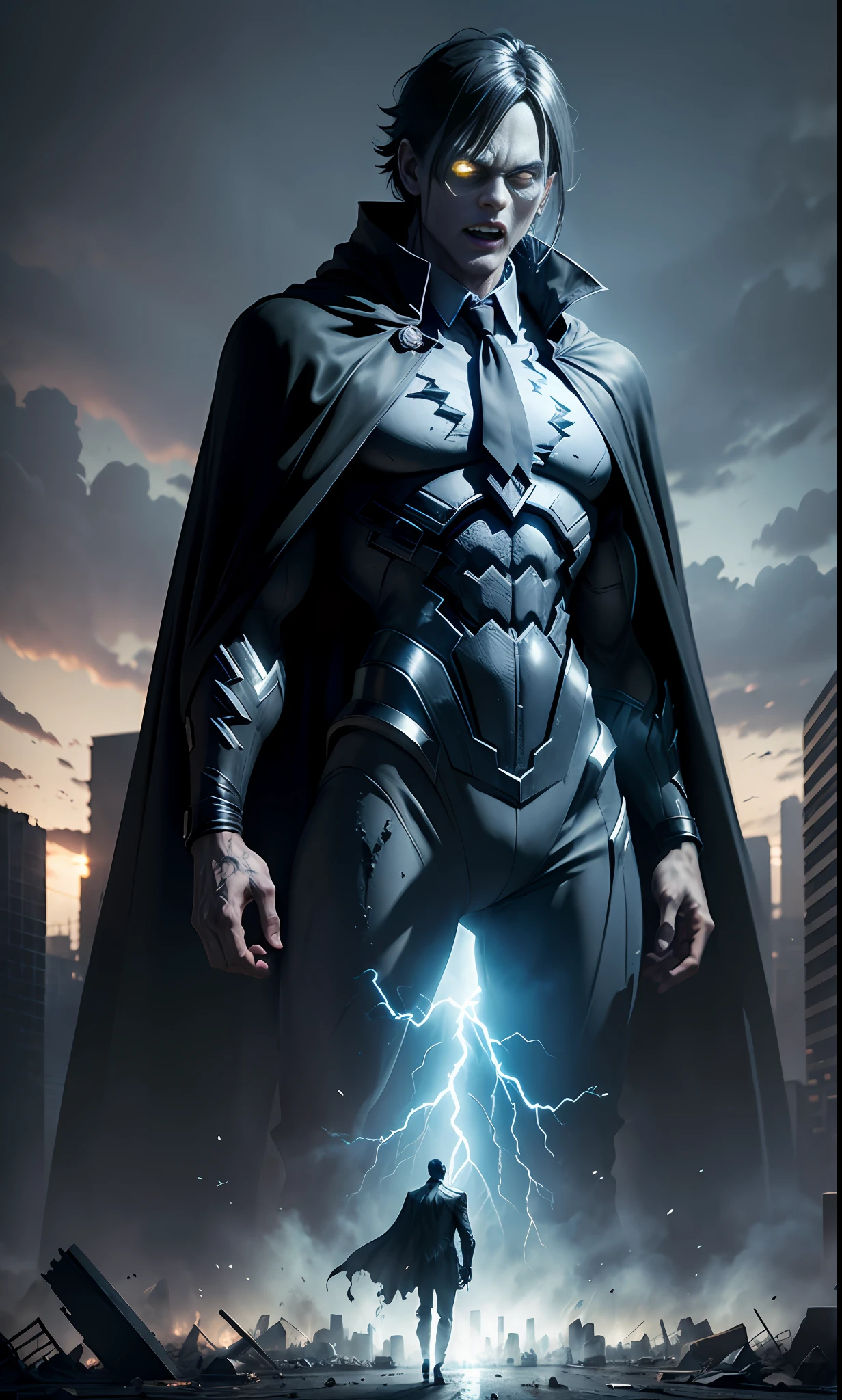 (zombie in suit, wearing black cape, in doomsday city ruins, 3D rendering, blue and black lightning particles emitting around), background doomsday city ruins, clear HD, 8K resolution, very detailed, digital painting, concept art, Shinkai Makoto style, pop popularization trend, pop, pop trend, pop trend.
