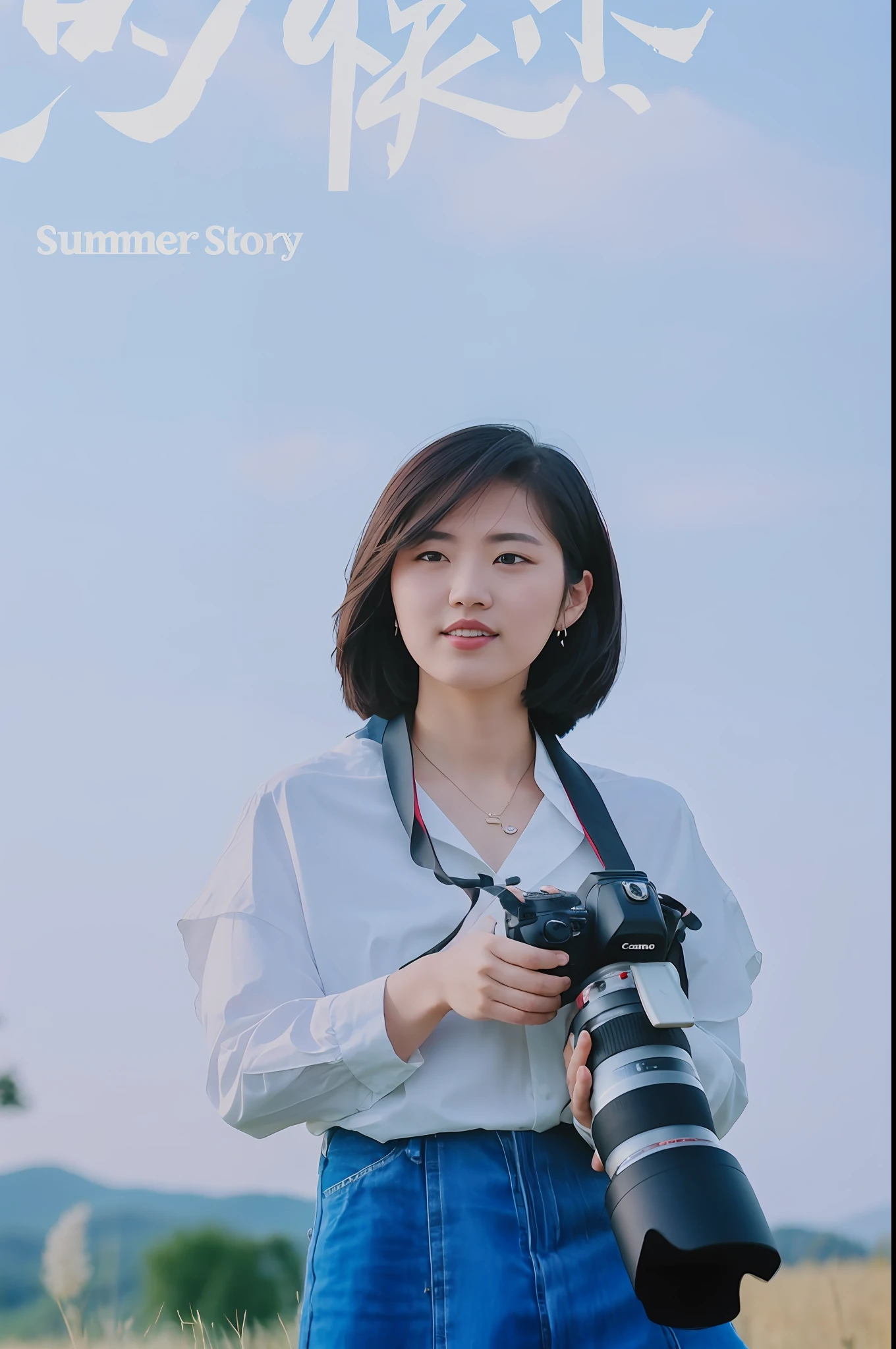 there is a woman holding a camera in a field, summer sky, shot on canon eos r 5, shot on canon eos r5, sunny sky, photography], taken with canon eos 5 d mark iv, inspired by Ma Yuanyu, with short hair, shot on nikon z9, inspired by Kim Jeong-hui, sun yunjoo