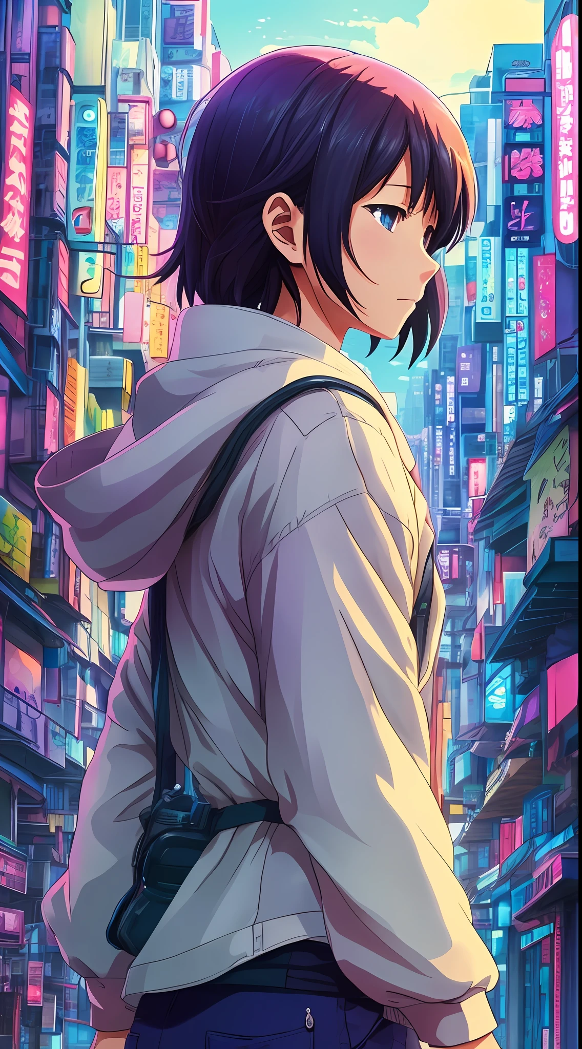 Colorful profile picture of a female character in an anime style. It has distinct characteristics from the anime Oshi no Ko. The scene takes place in a futuristic city with neon lights. The environment is exciting and adventurous. The camera settings are a digital camera with a low ISO setting. The lens is a zoom lens with a medium aperture. The character design is inspired by Japanese illustrator and animator, Akiko Stehrenberger, and photographed by Makoto Shinkai, the director of Your Name