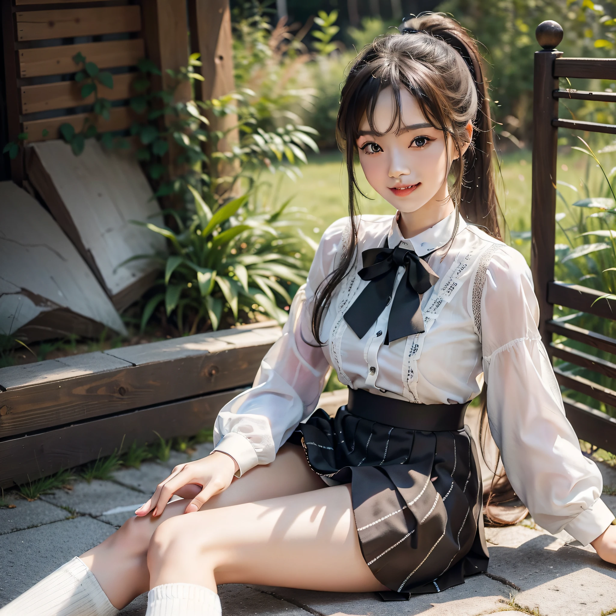 High quality, 4k, rich details, 1girl dominance, beauty, long hair, single ponytail, seductive smile, long legs, sexy, white socks, white jk skirt