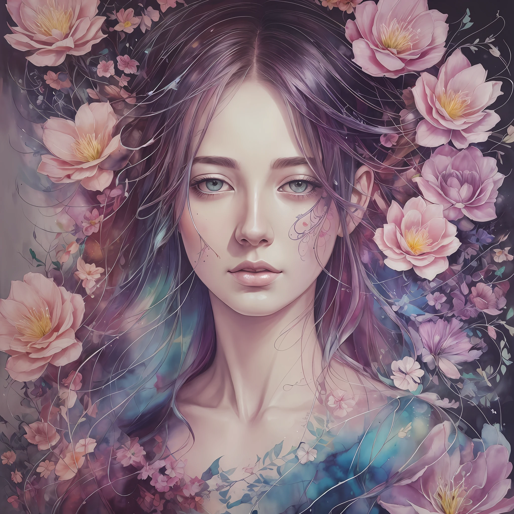 A botanical masterpiece in the style of Marco Mazzoni, detailed, hyper-realistic, elemets of symbolism and surrealism, a painting by mse a woman by agnes cecile, luminous design, pastel colours, ink drips, autumn lights, intricate design, intertwined, beautiful woman, flowers, pastel --auto --s2