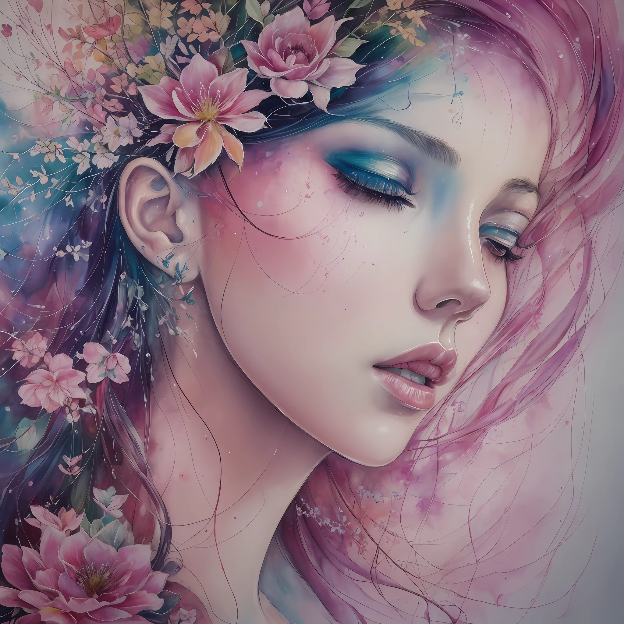 A botanical masterpiece in the style of Marco Mazzoni, detailed, hyper-realistic, elemets of symbolism and surrealism, a painting by mse a woman by agnes cecile, luminous design, pastel colours, ink drips, autumn lights, intricate design, intertwined, beautiful woman, flowers, pastel --auto --s2