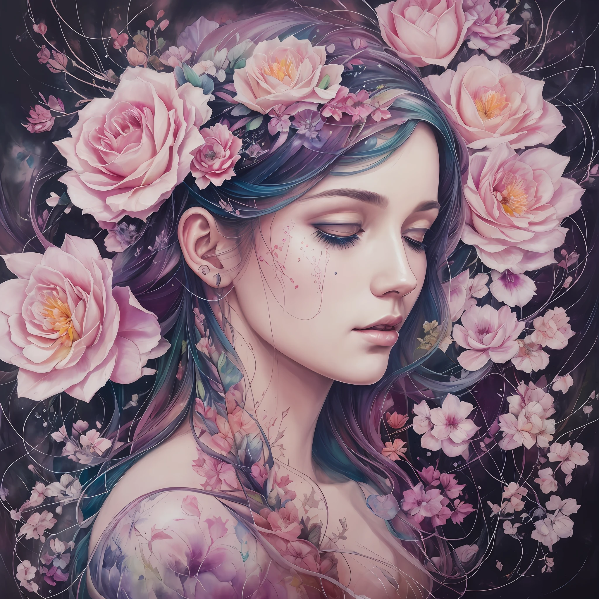 A botanical masterpiece in the style of Marco Mazzoni, detailed, hyper-realistic, elemets of symbolism and surrealism, a painting by mse a woman by agnes cecile, luminous design, pastel colours, ink drips, autumn lights, intricate design, intertwined, beautiful woman, flowers, pastel --auto --s2