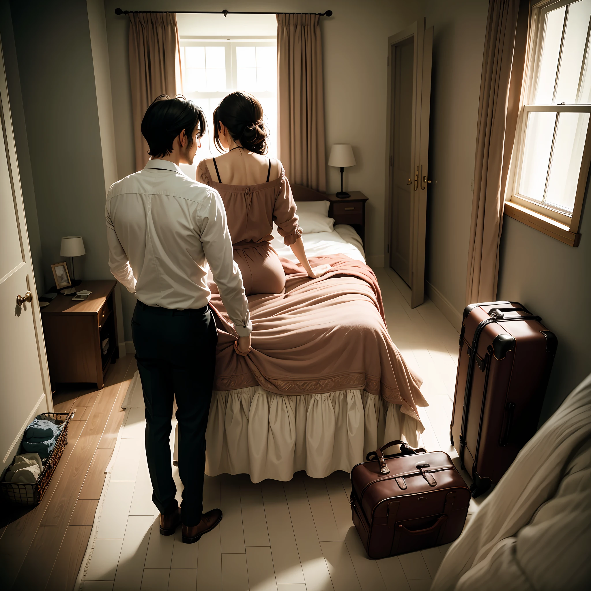 "Inn room, cozy interior, suitcases being unpacked, a man and a woman together, couple in love, intimate environment, contemplative shot."