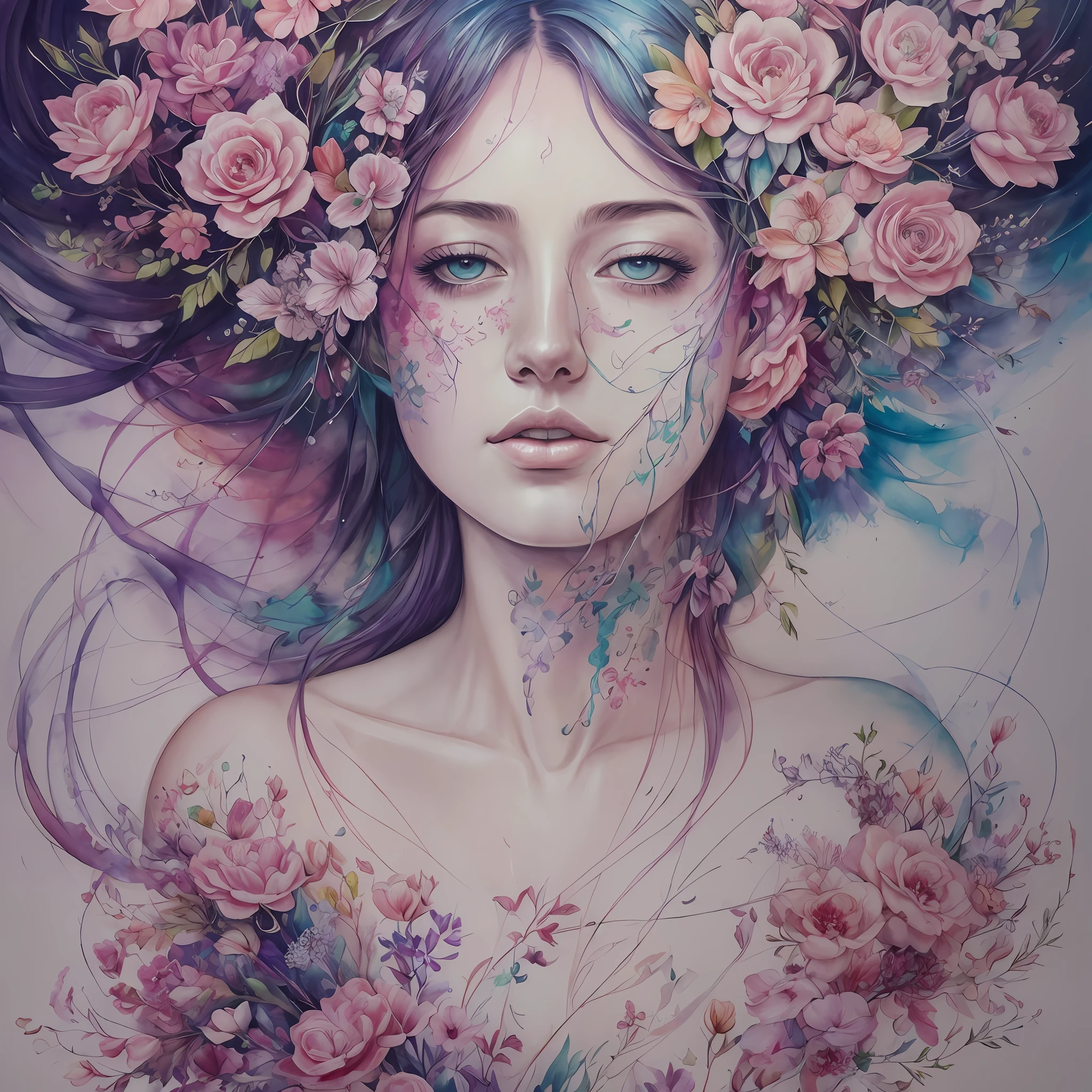 A botanical masterpiece in the style of Marco Mazzoni, detailed, hyper-realistic, elemets of symbolism and surrealism, a painting by mse a woman by agnes cecile, luminous design, pastel colours, ink drips, autumn lights, intricate design, intertwined, beautiful woman, flowers, pastel --auto --s2