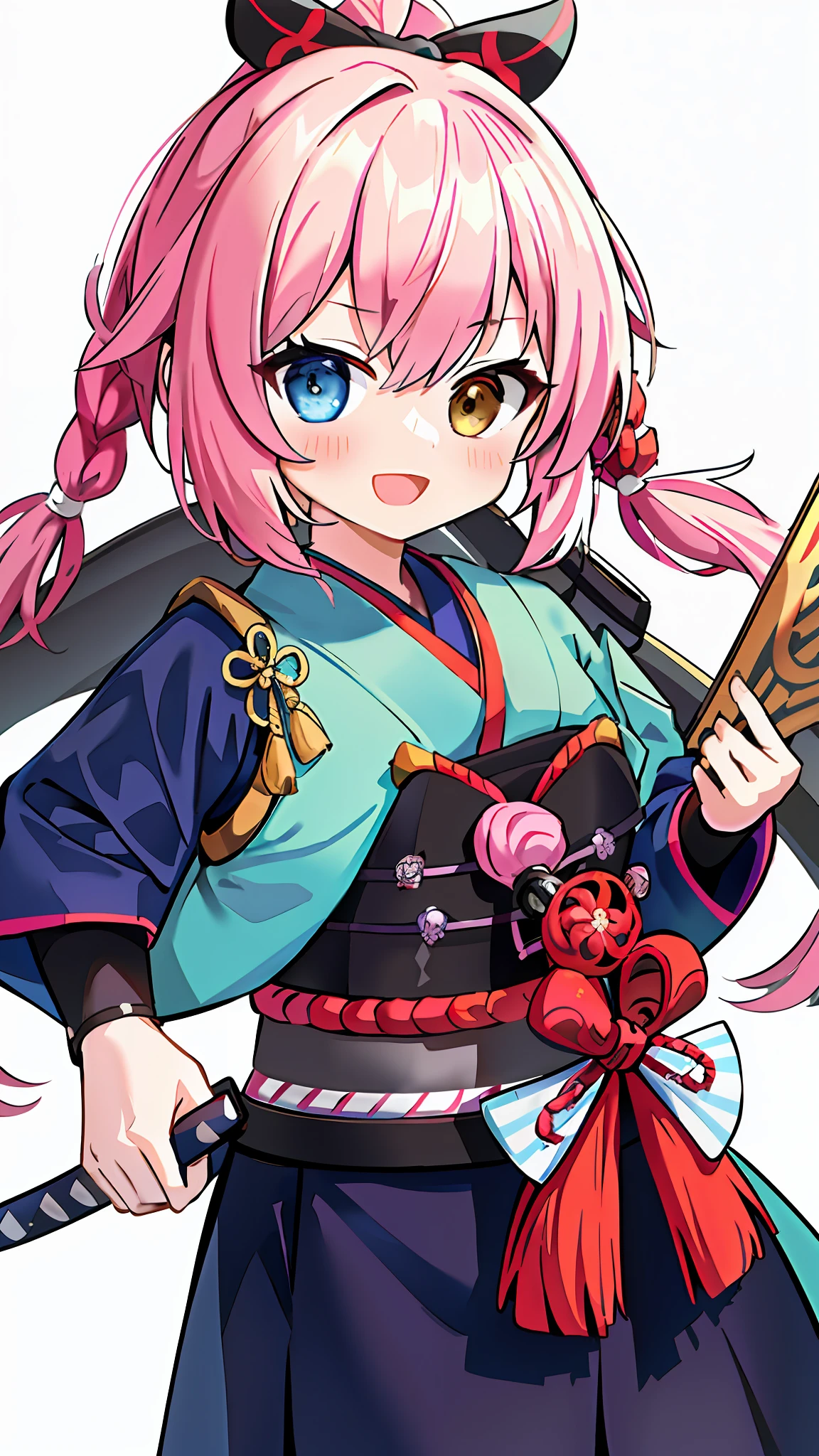 (heterochromia, light blue eyes and light green eyes: 1.8), "Kyoto Animation" style anime illustrations, top quality, (cute: 1.1), (cute), (high resolution: 1.2), incredibly ridiculous: 1.3, incredibly detailed illustrations, Japan, Sengoku period, solo, girl, helmet, japanese mascot, bow ashigaru, japanese warrior, from sengoku period, inspired by Tōshūsai Sharaku, samurai outfi, "Sanada Yukimura" style samurai, pink hair, braid, (kawaii: 1.5), loli, kyoto, honnoji, front, angle from below, nioh standing, full body, cute girl, dignified, solo, standing, Katana holding in right hand, :d, masterpiece, top quality, absurdity, high resolution, official art, (cute: 1.8), ((chibi character: 1.5)), (pink braid, cute hair ribbon), serious face, big, show off