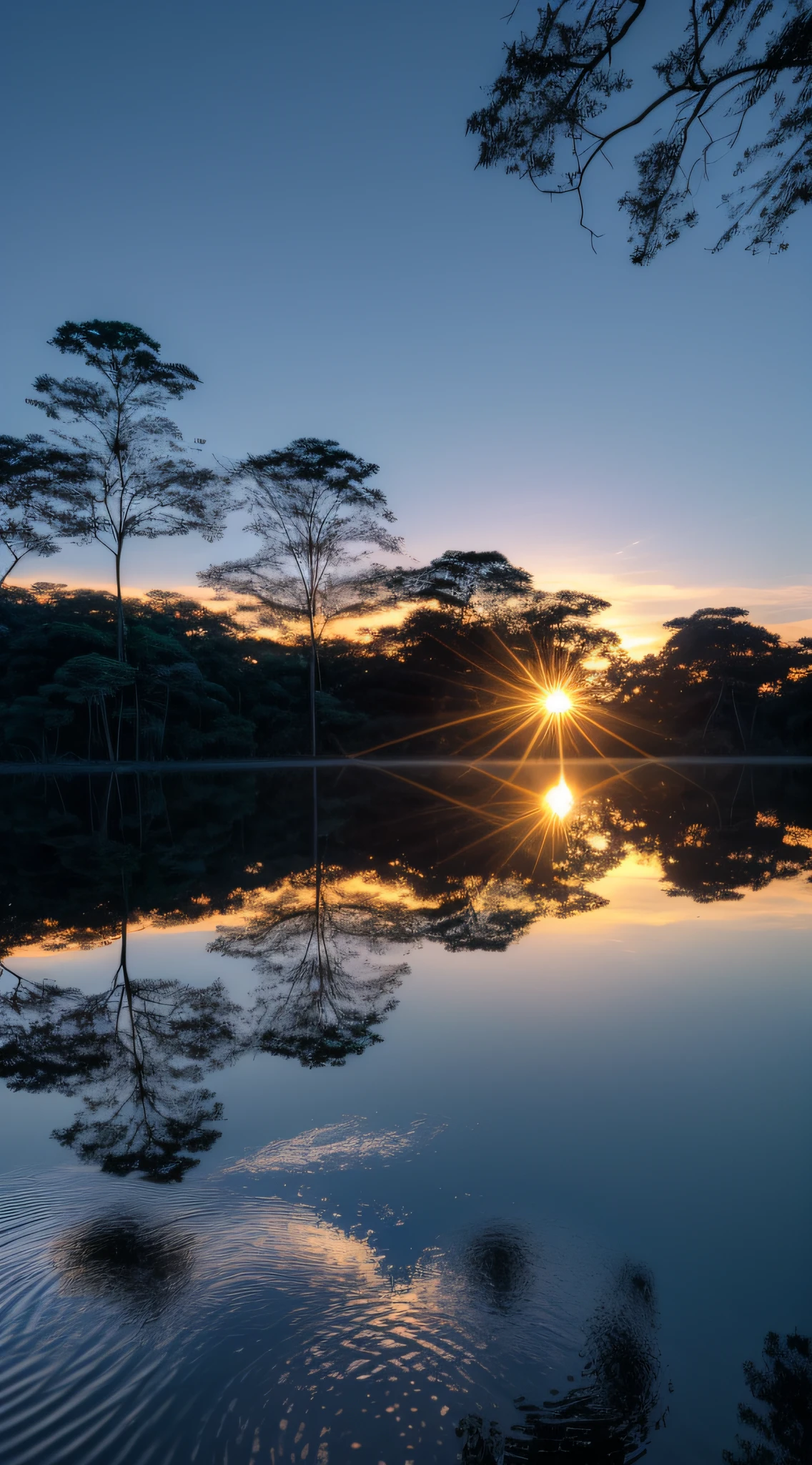 Beautiful sunset, Amazon rainforest in Brazil, clear and deep lake with very tall trees reflected in its waters, birds flying in flocks enjoying the last light of the sun, blue sky, with few clouds, beautiful, wonderful sunset, cinematic 8k, hyperreality blue and green reflections in various shades, trees touching the edge of the lake, diffused (ultra-thin glass reflection) and realism